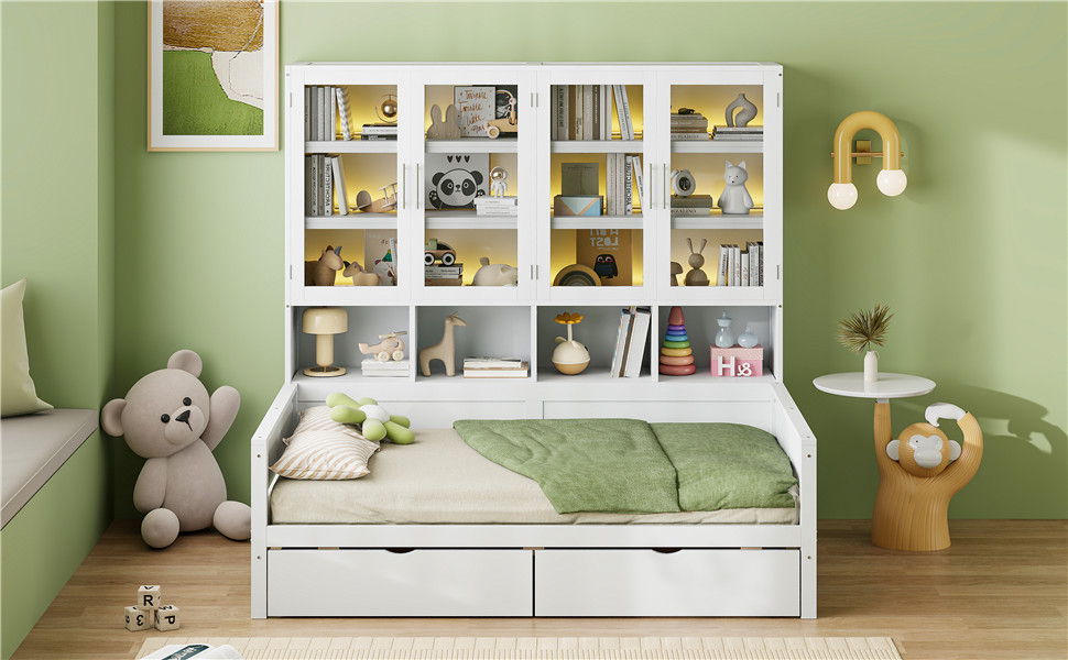 Daybed With Glass Door Storage Cabinets, Built In LED Lighting And Shelves