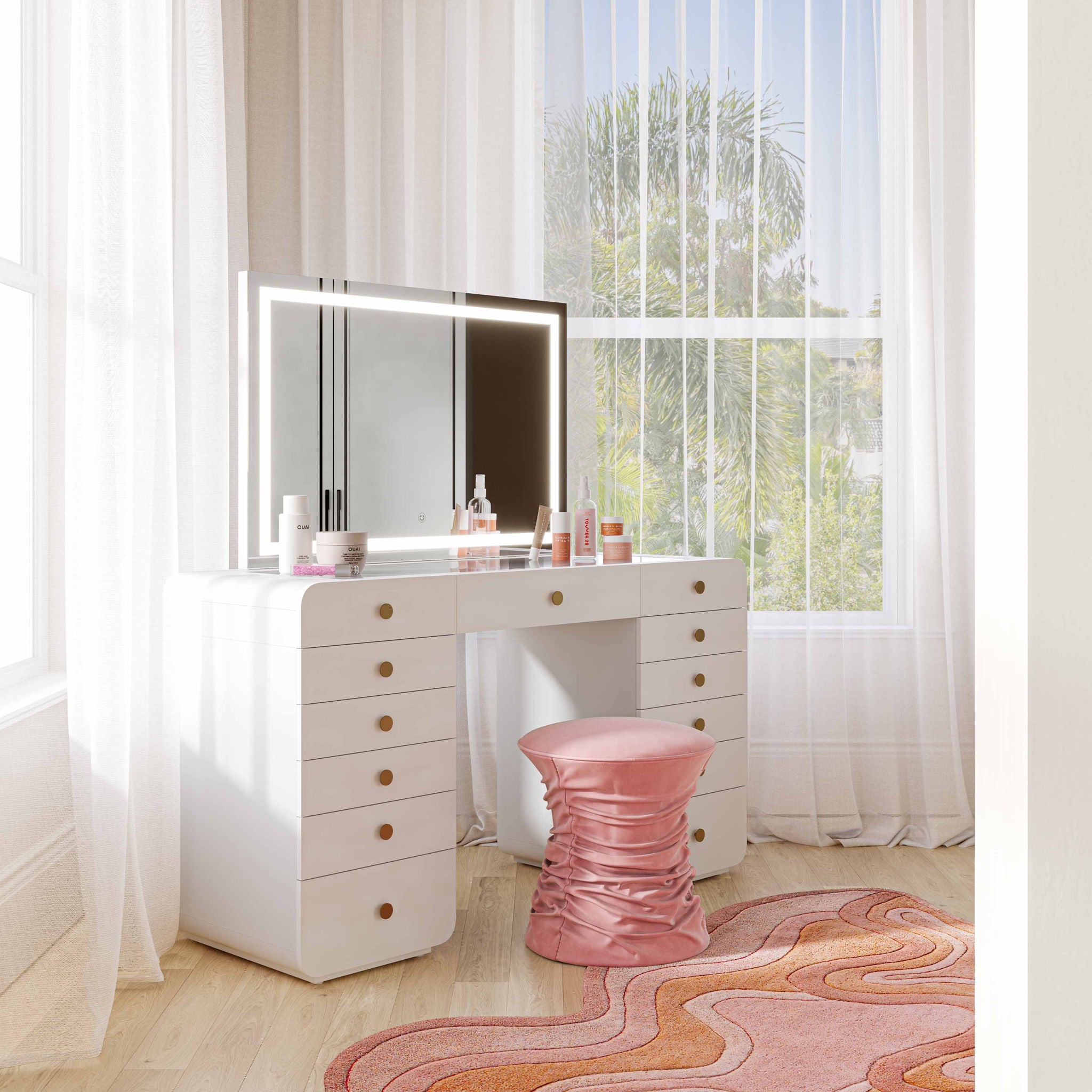 Hollywood - Desk with Jumbo LED Panel Vanity Mirror - White