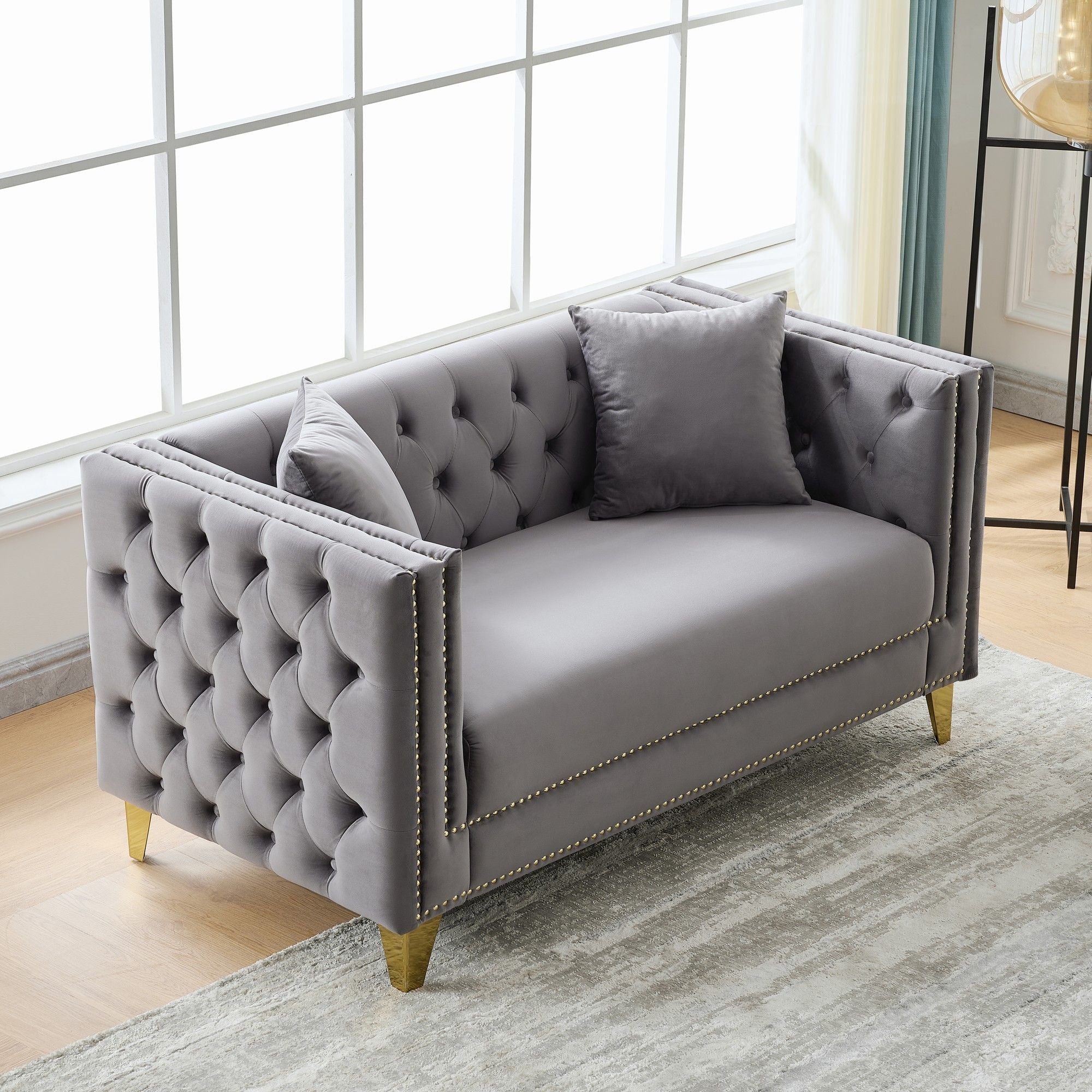 2 Seater Deep Seat Sofa, Sofa With Button Nailhead, Square Arm Couches, Furniture For Living Room - Gray