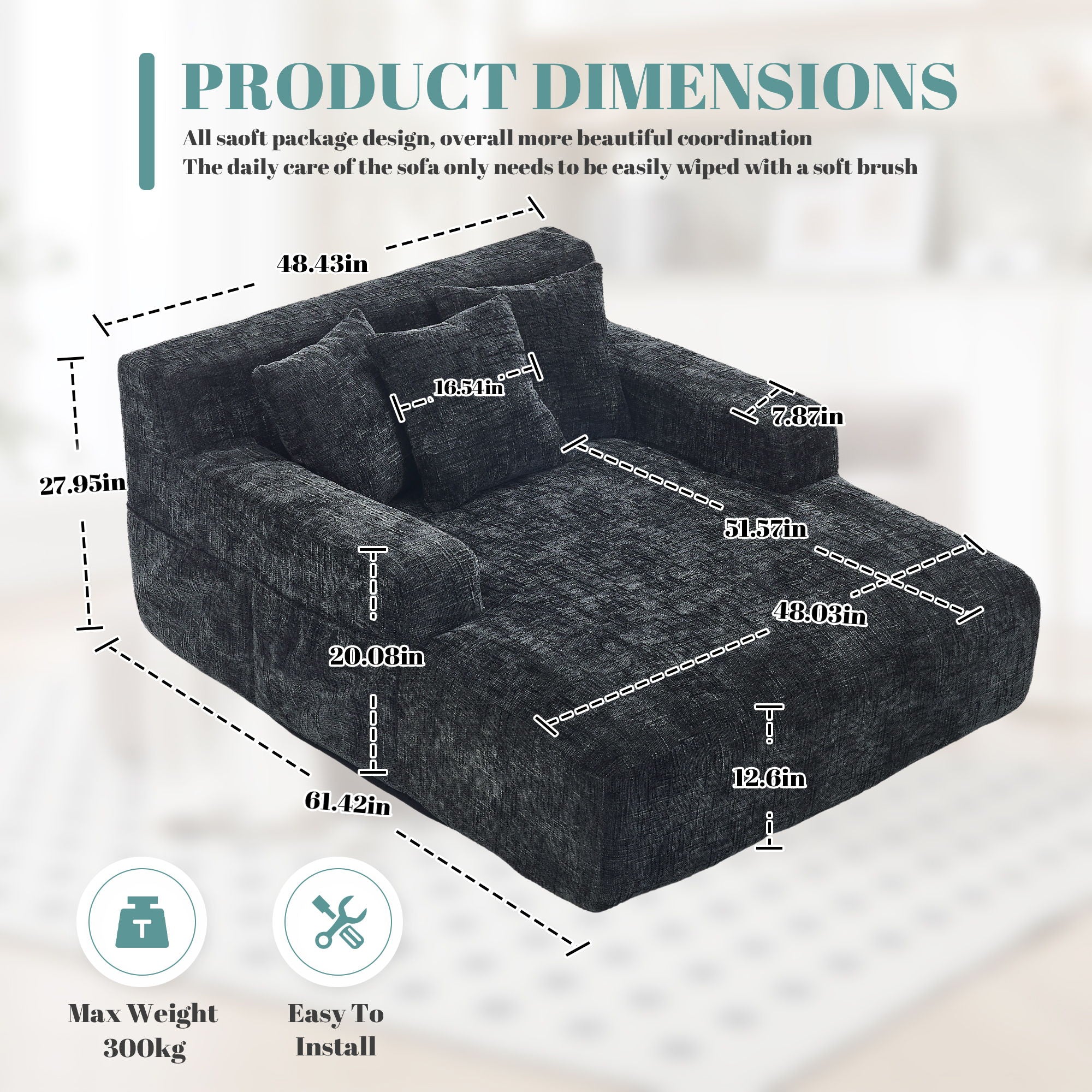 Chenille Interior Lazy Sofa Chaise Longue Armchair With 3 Pillows And Armrests
