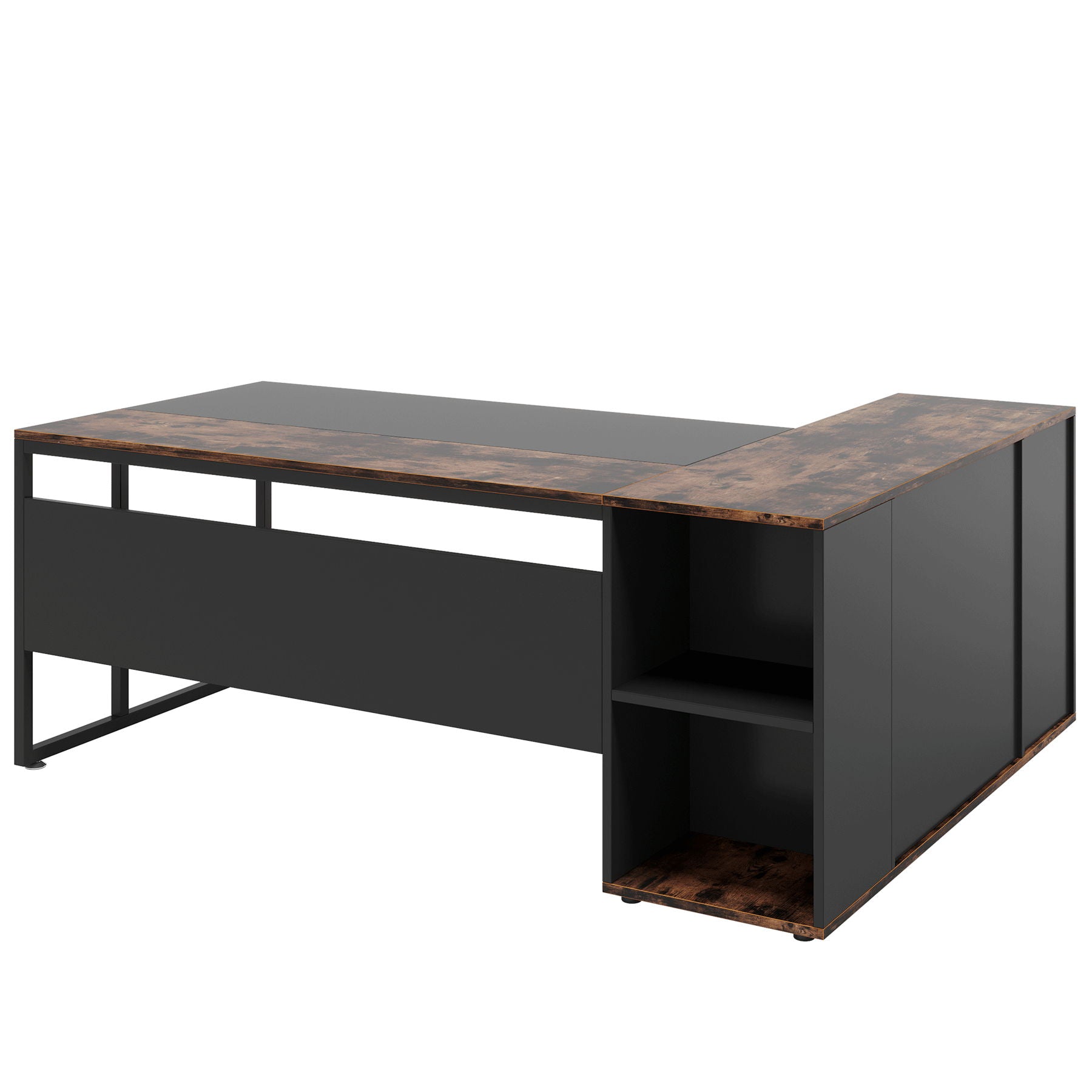 L-Shaped Executive Desk With Storage Cabinet & Shelves, Home Office Workstation With Cpu Stand And Printer Station - Brown / Black