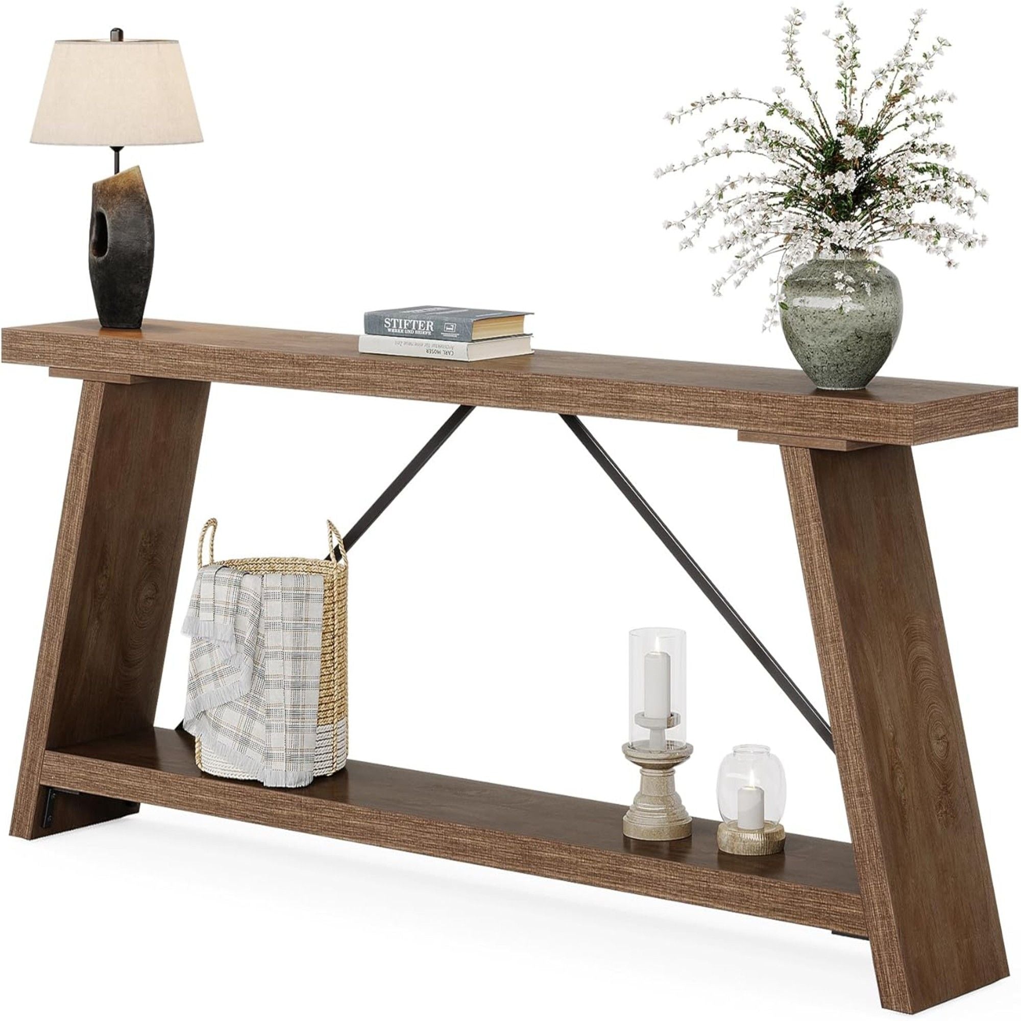 Console Table Extra Long Sofa Table With 2 Tier Shelves For Living Room Foyer - Natural / Light Brown
