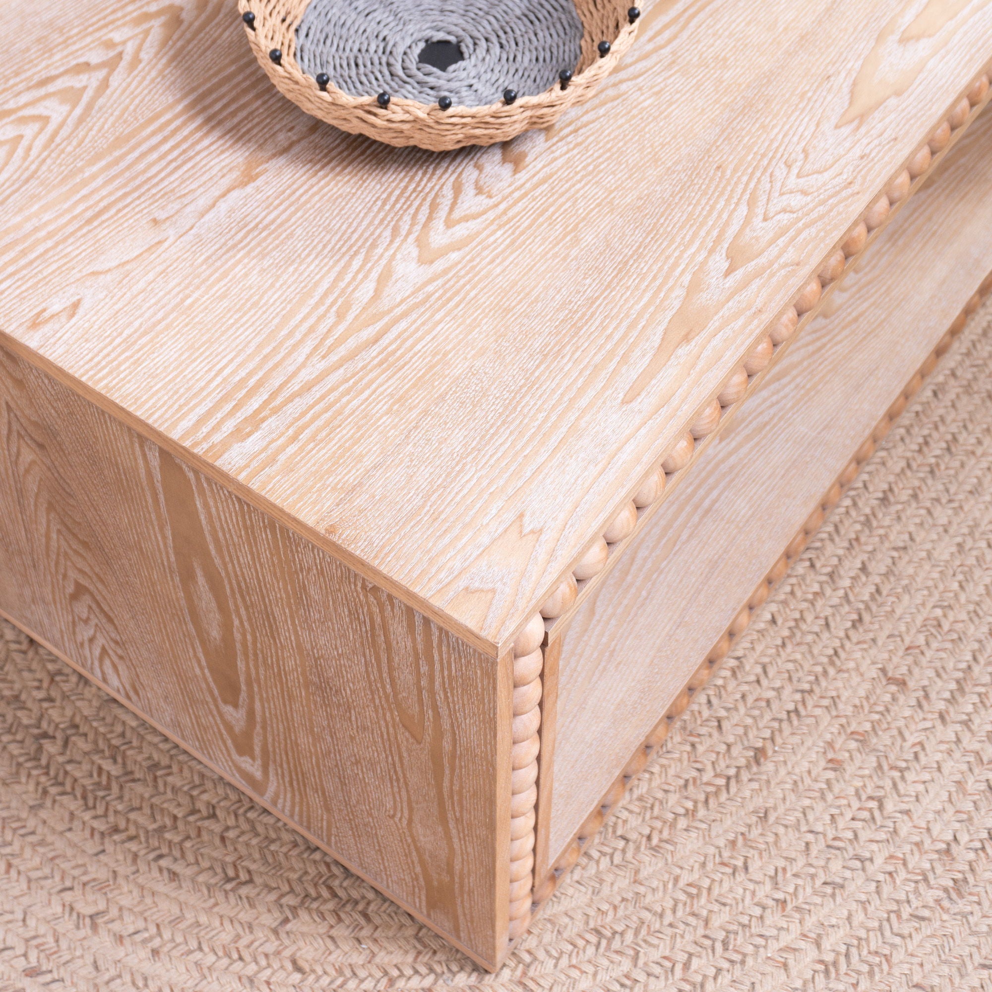 Beaded Edge Coffee Table, Rectangular Center Table With Open Storage Shelf - Antique Natural / Light Natural / Natural