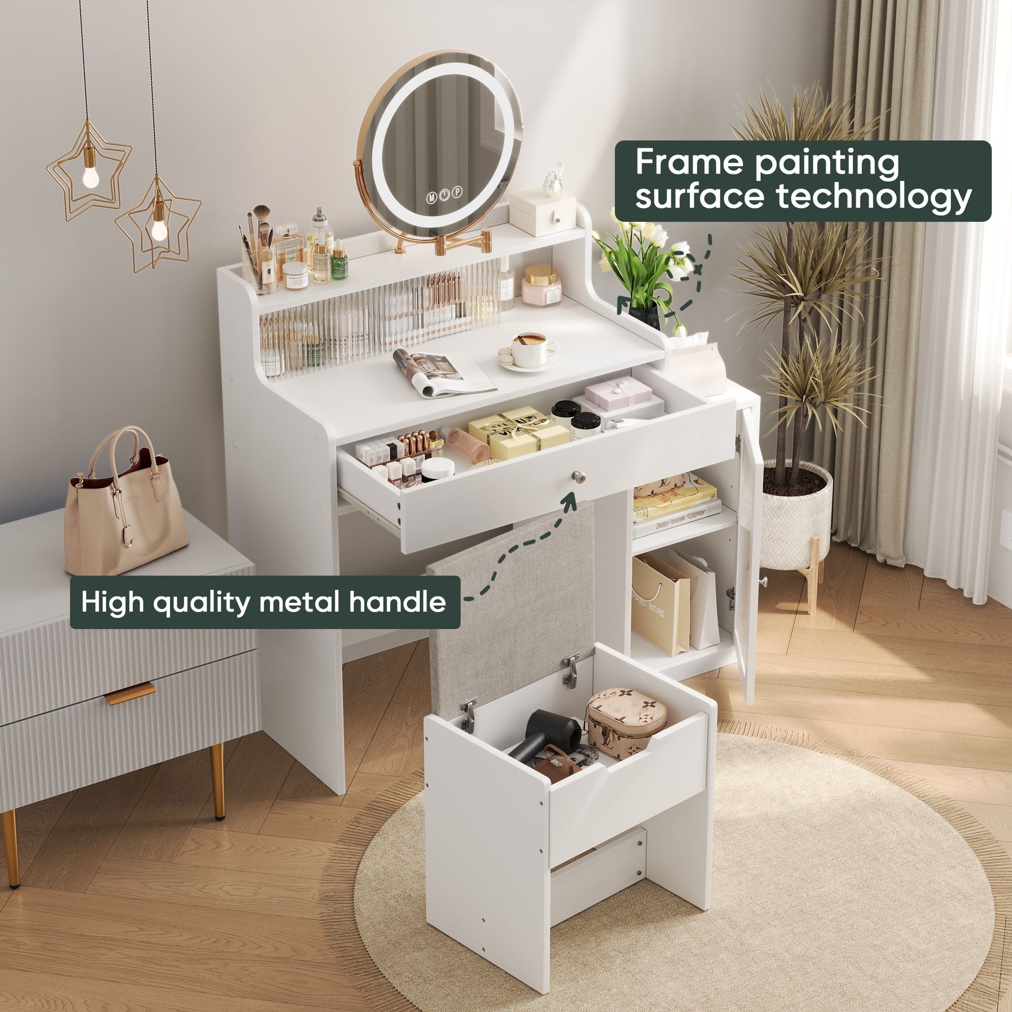 White Vanity Desk With 360° Rotated Mirror And Adjustable Lights, Girls Makeup Vanity Table With Storage Chair And Side Cabinet - Antique White