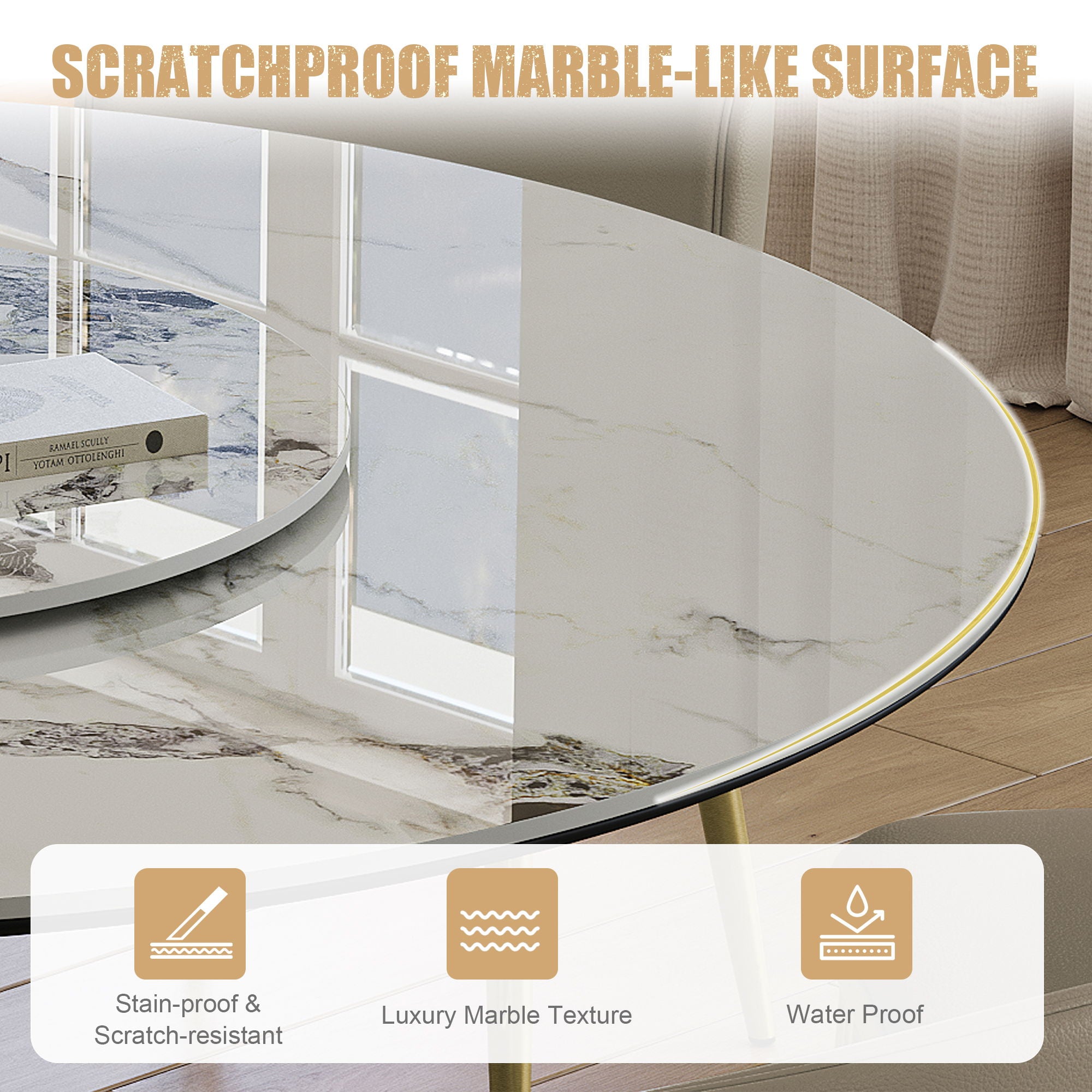 Luxury Round 59" Sintered Stone Dining Table With Stainless Steel Hourglass Base, Scratch & Heat Resistant Surface - Golden / White
