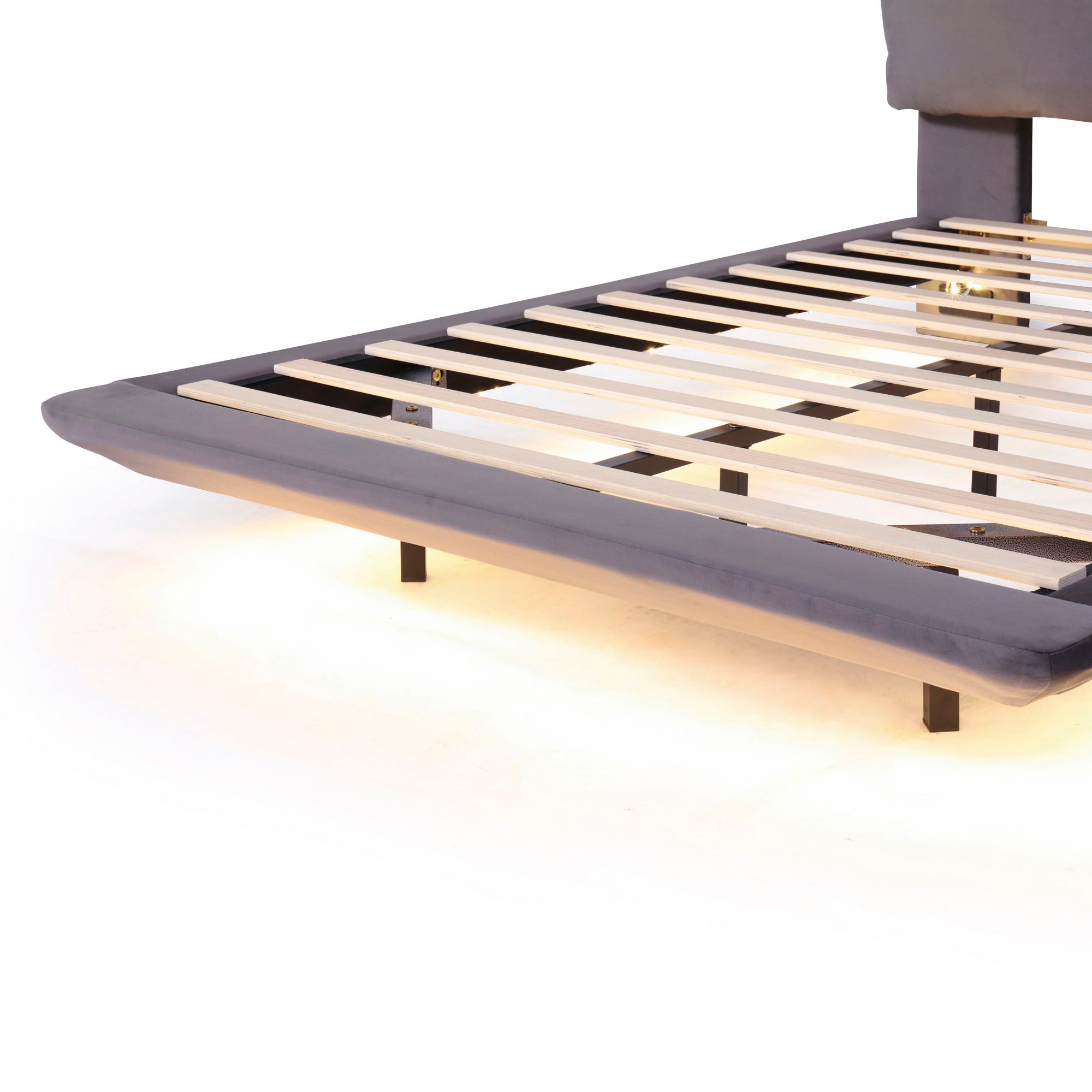 Upholstered Platform Bed With Sensor Light And 2 Large Backrests, With 2 Sets Of USB Port And Socket On Each Rear Bed Leg