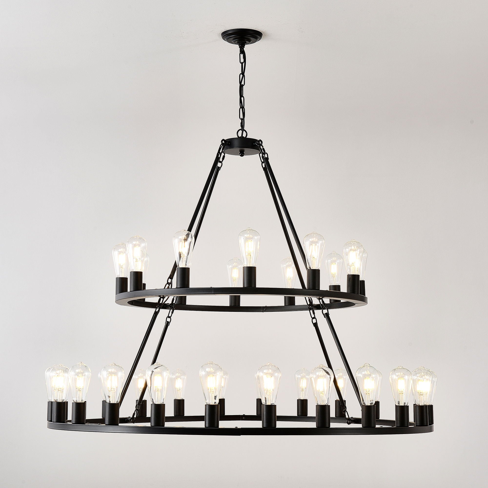 Extra Large Wagon Wheel Chandelier, 2 Tier 36 Lights (No Include) Farmhouse Industrial Round High Ceiling Pendant Light Adjustable Chain, For Dining Room, Living Room, Kitchen - Black