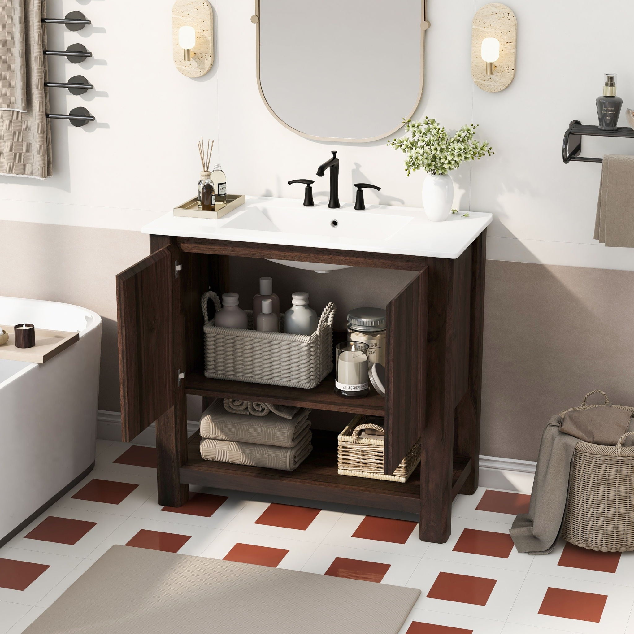 36" Modern Bathroom Vanity With Rectangle Ceramic Sink, Bathroom Cabinet And 45 Degrees Free Handle Design Soft Closing Doors, 1 Open Shelf At The Bottom - Dark Brown