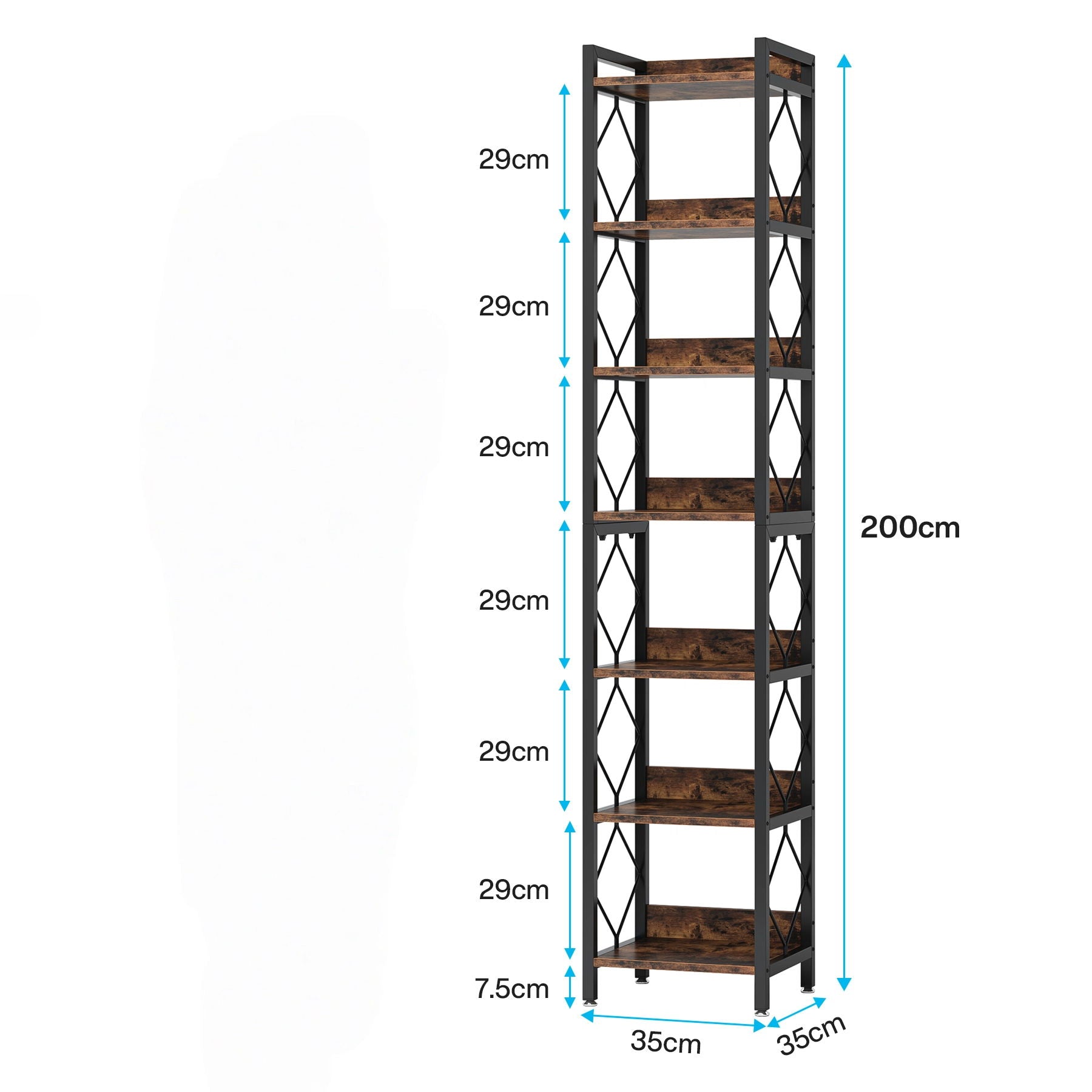 Extra Tall 7 Tier Narrow Corner Bookshelf Storage Display Rack For Living Room - Rustic Brown