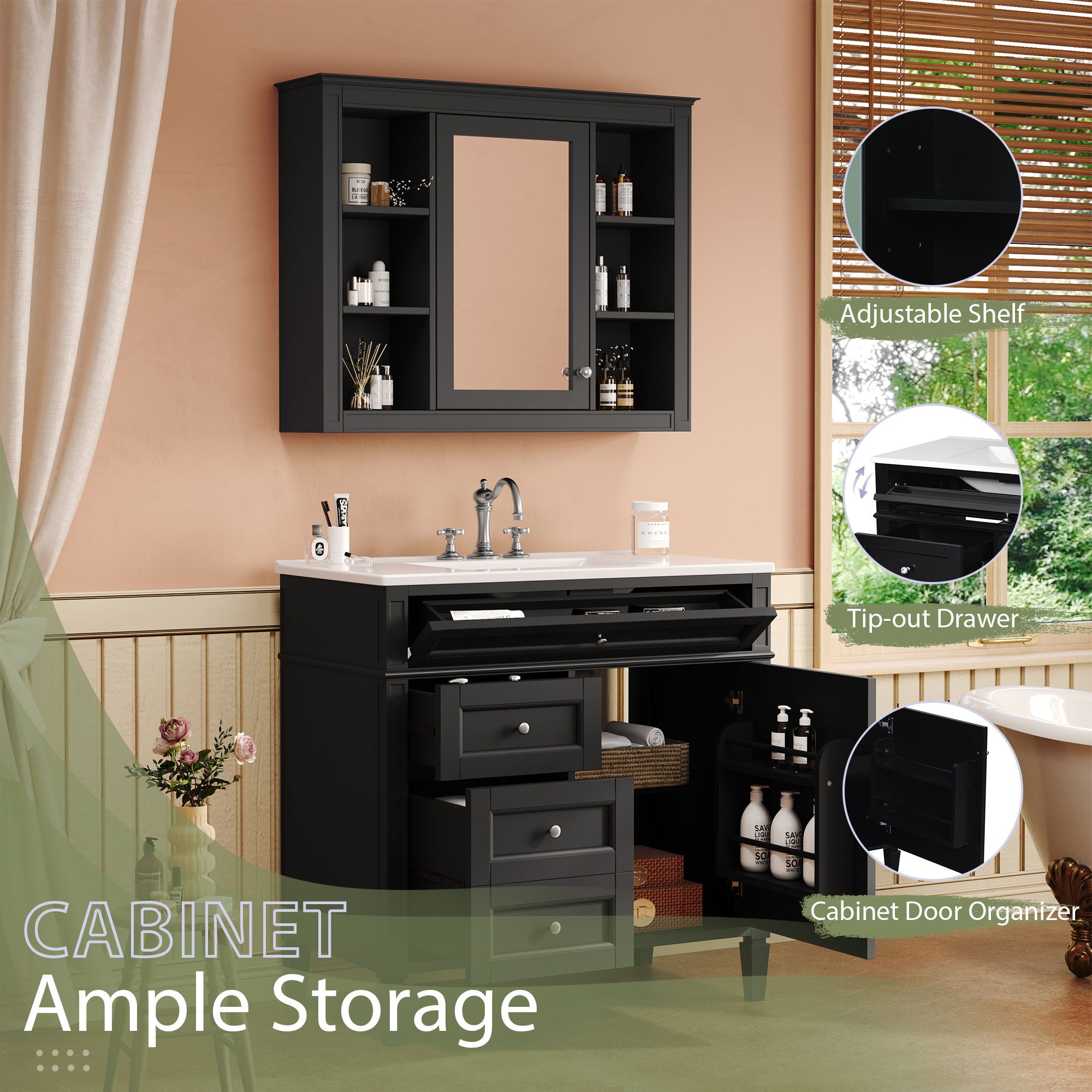 Bathroom Vanity With Mirror Cabinet, Single Sink With 2 Soft Closing Doors And 4 Drawers