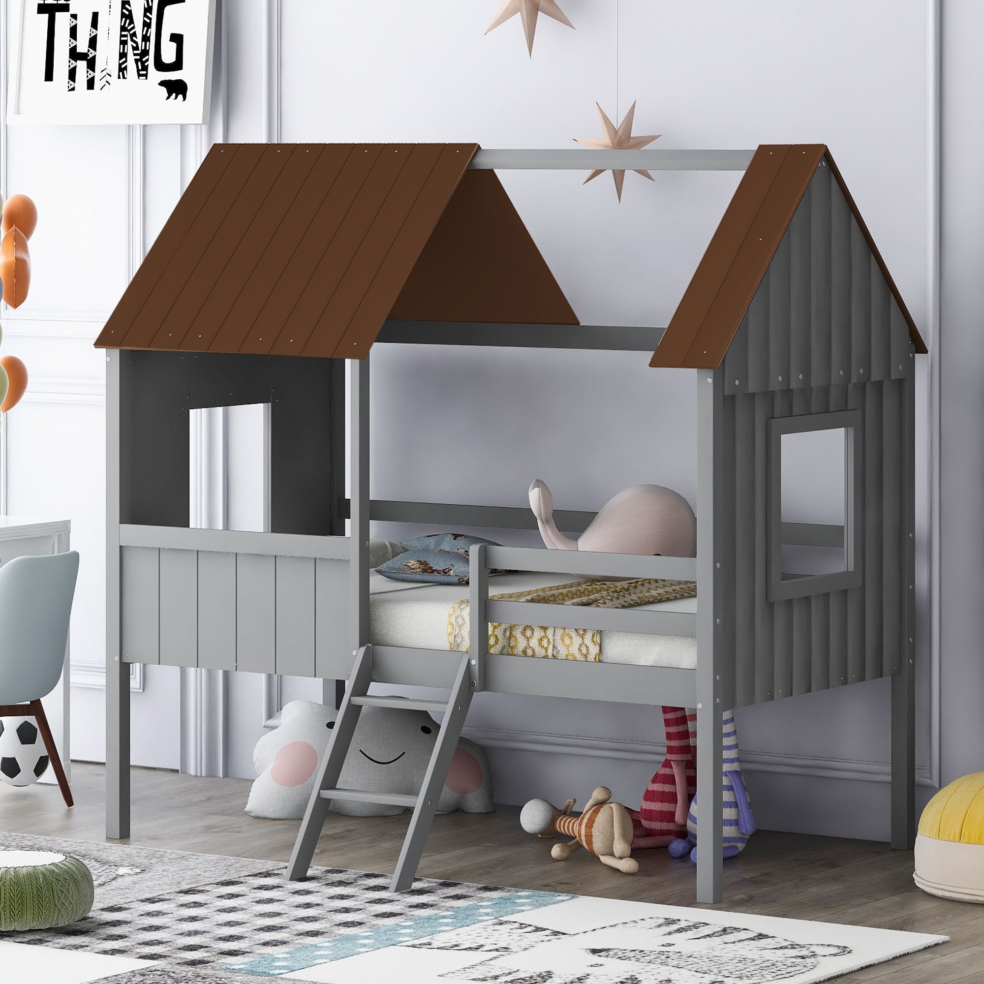 Twin Size Low Loft House Bed With Two Side Windows - Gray / Brown