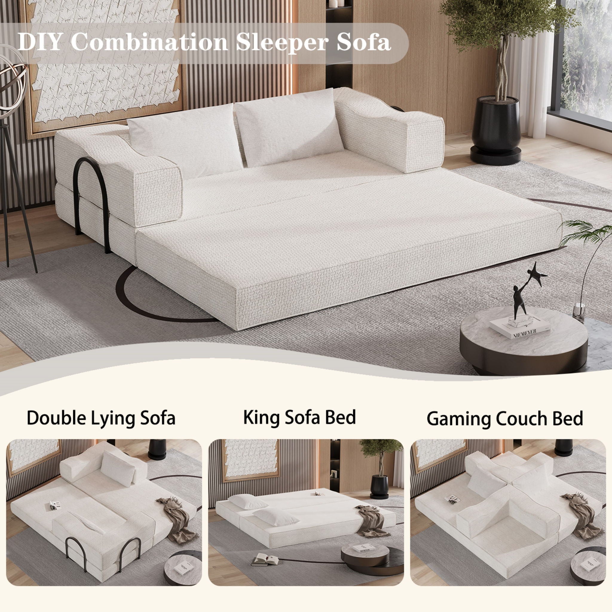 Convertible Couch Bed With 2 Pillows, 3 Seat Folding Floor Couch & King Size Bed Mattress, Diy Combination - Beige