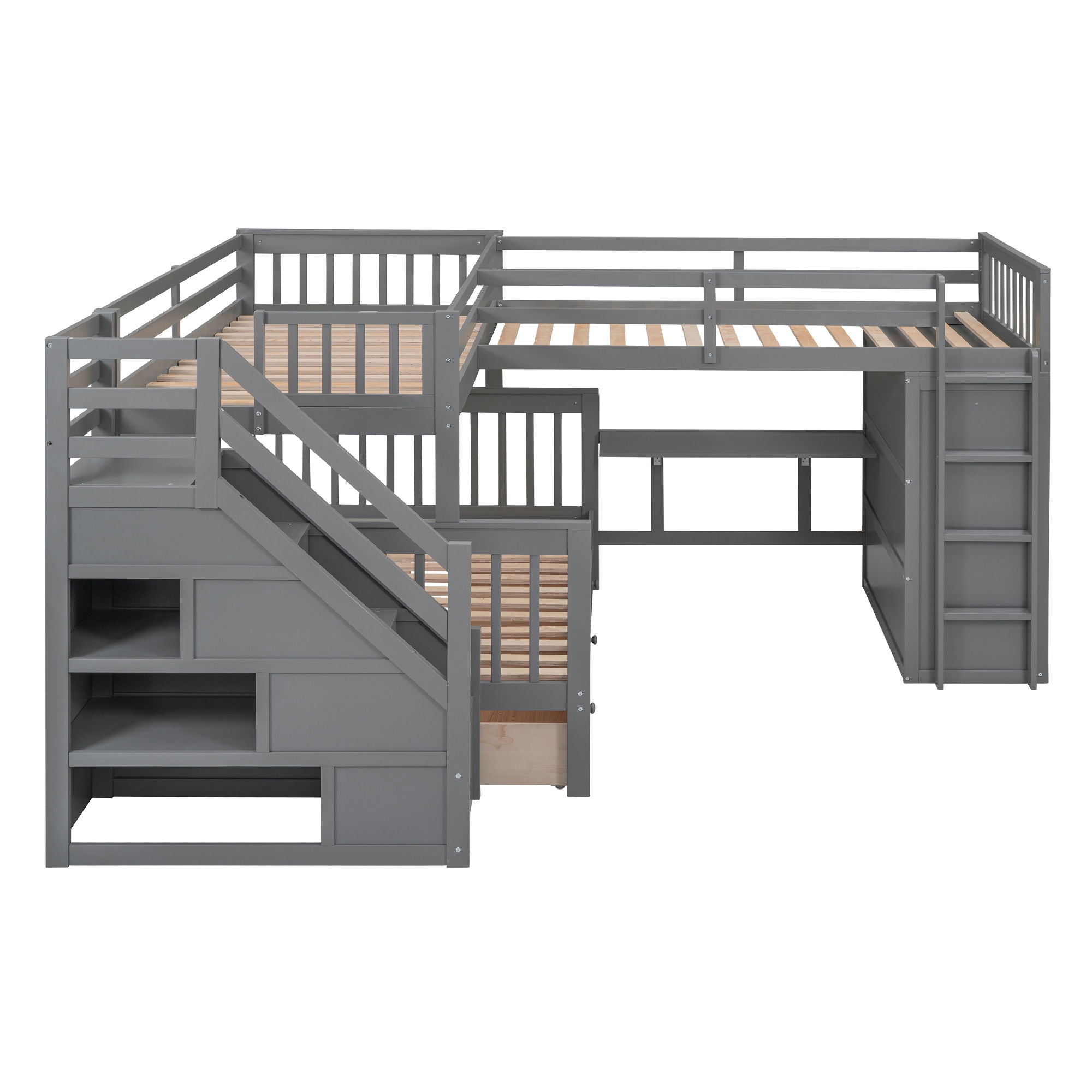 L Shaped Bunk Bed With 3 Drawers, Portable Desk And Wardrobe