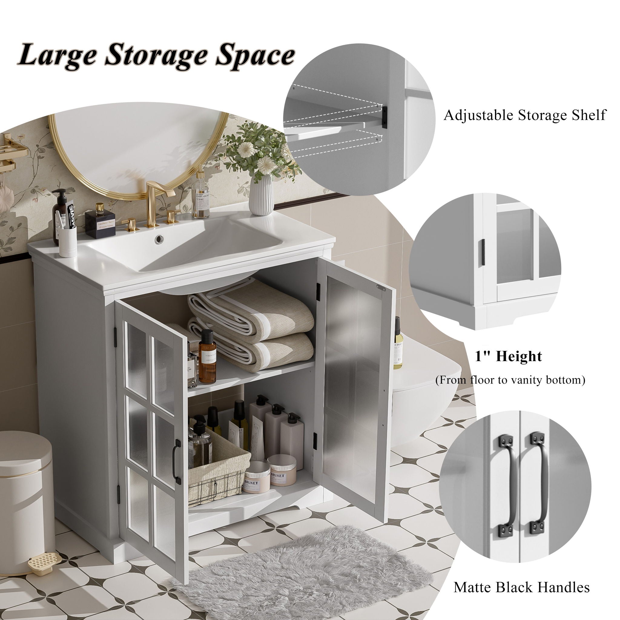 Modern Bathroom Vanity With Ceramic Sink, Tempered Blurred Glass Doors