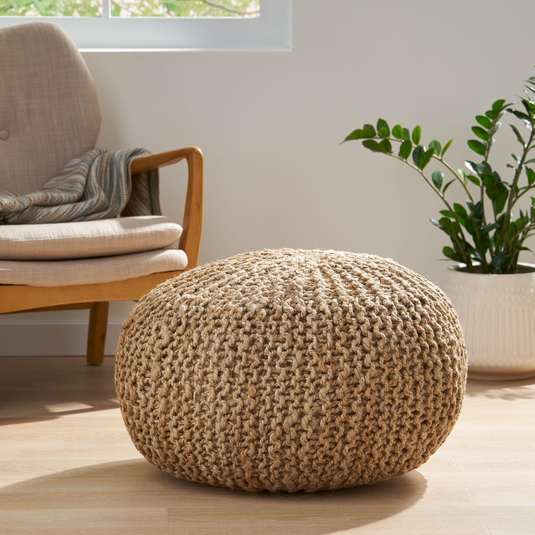 Handmade Jute Pouf With Cable Knit Pattern - Natural