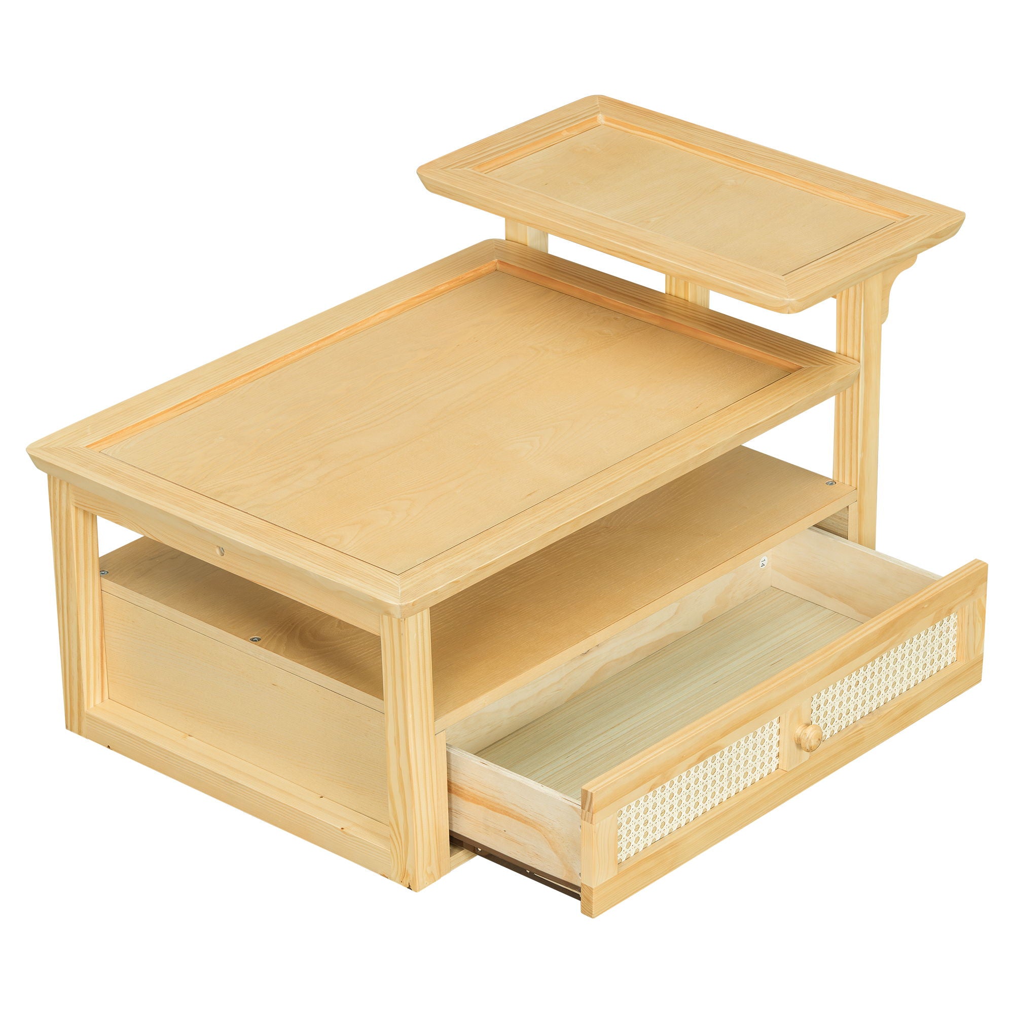 Coffee Table With 1 Storage Shelf, 2 Tabletops And 1 Rattan Drawer