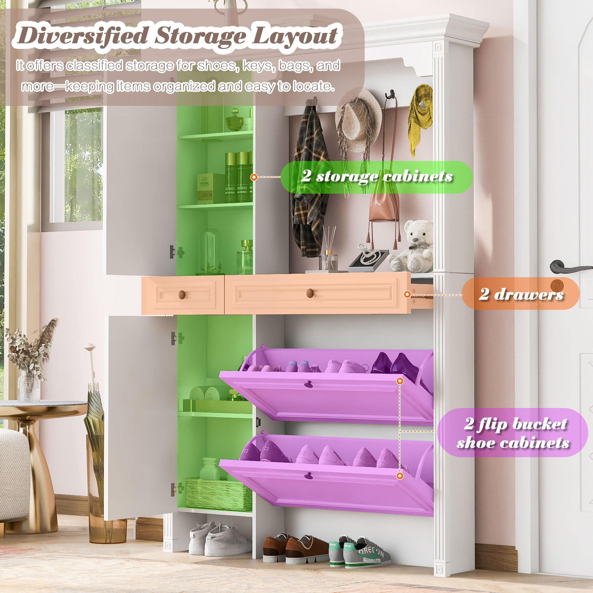 Hall Tree With Integrated Shoe Cabinet And Mirrored Cabinet Door, Coat Hanger, Entryway Bench, 4 In 1 Design, 2 Flip Drawers, 4 Hooks And 2 Cabinets For Entrance, Living Room - White