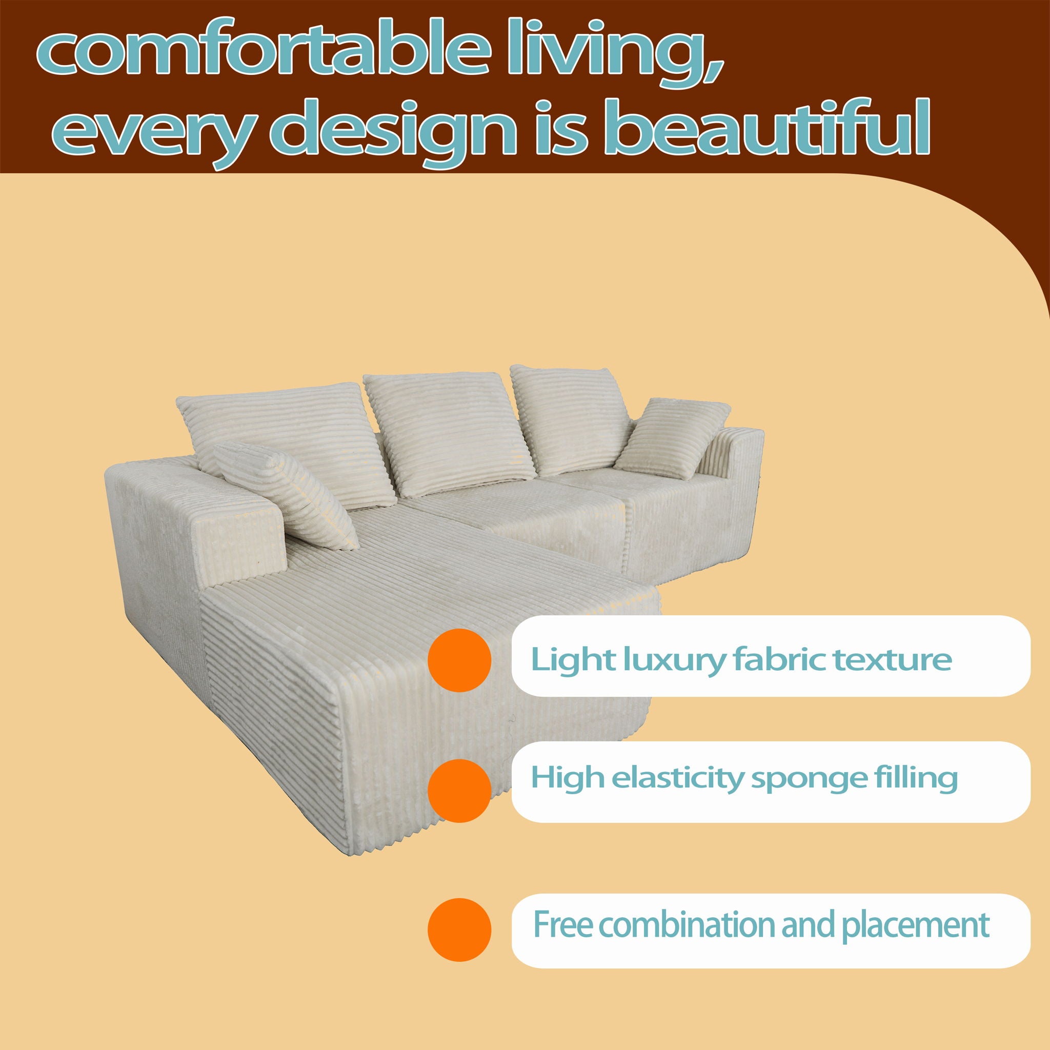 Corner Combination Sofa Sectional Couch With Soft Plush Fabric