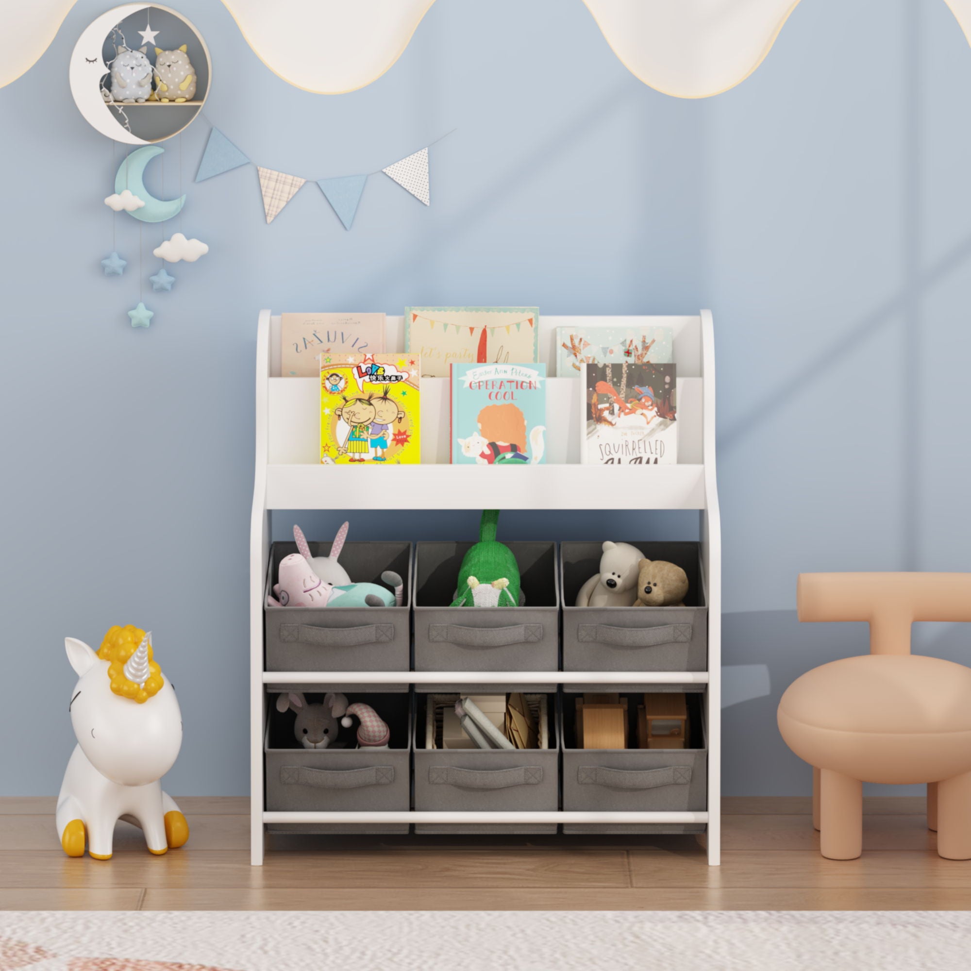 Bookshelf With 6 Storage Bins, Multi Functional Children's Bookcase And Toy Organizer - White