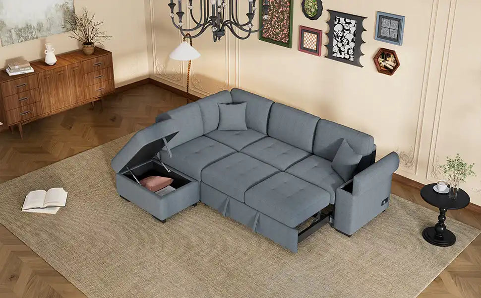 Sleeper Sectional Sofa, L-Shape Corner Couch Sofa-Bed with Storage Ottoman - Best Buy Furniture