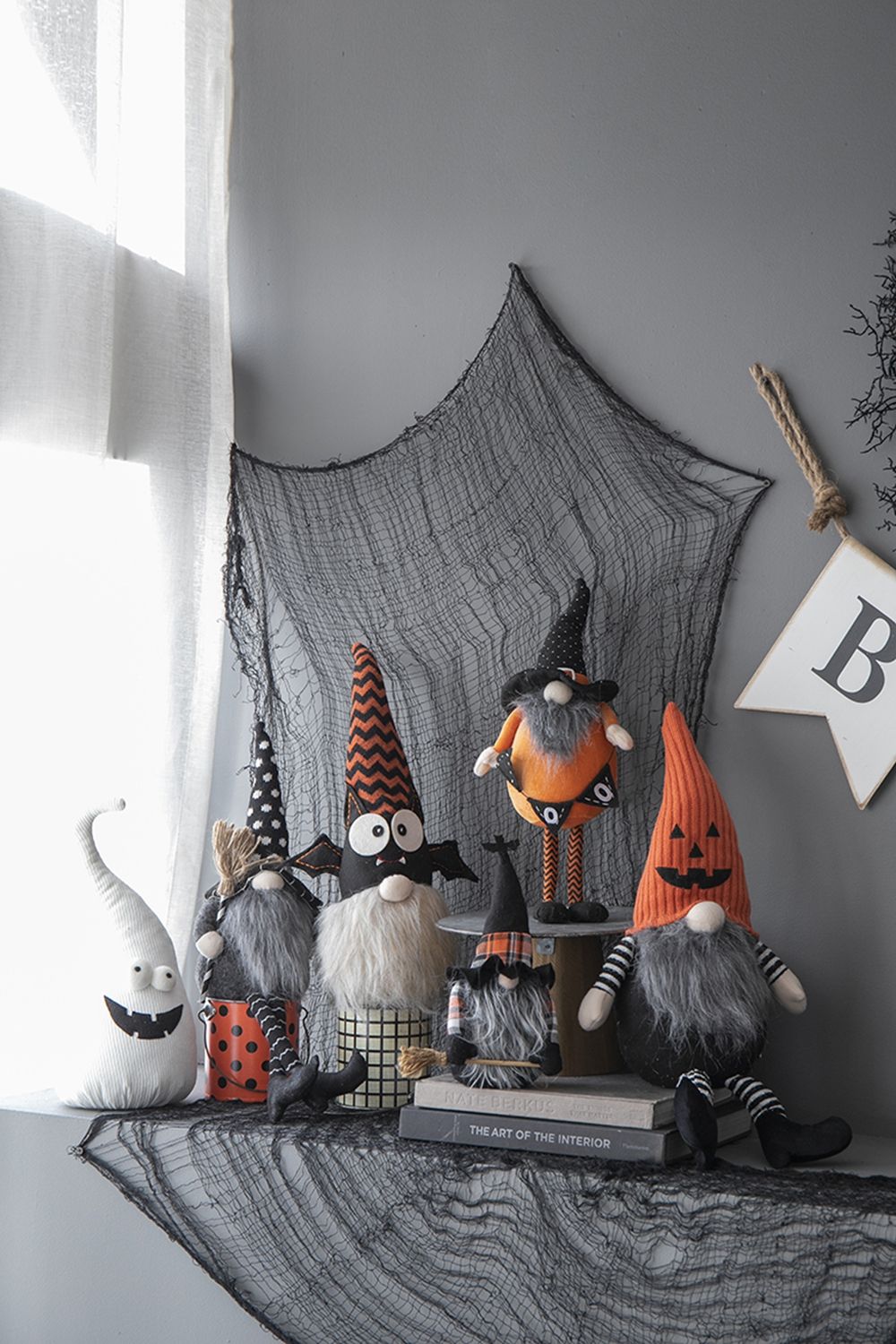 Sitting Gnome With Knit Hat, For Halloween Decor - Black / Orange / White