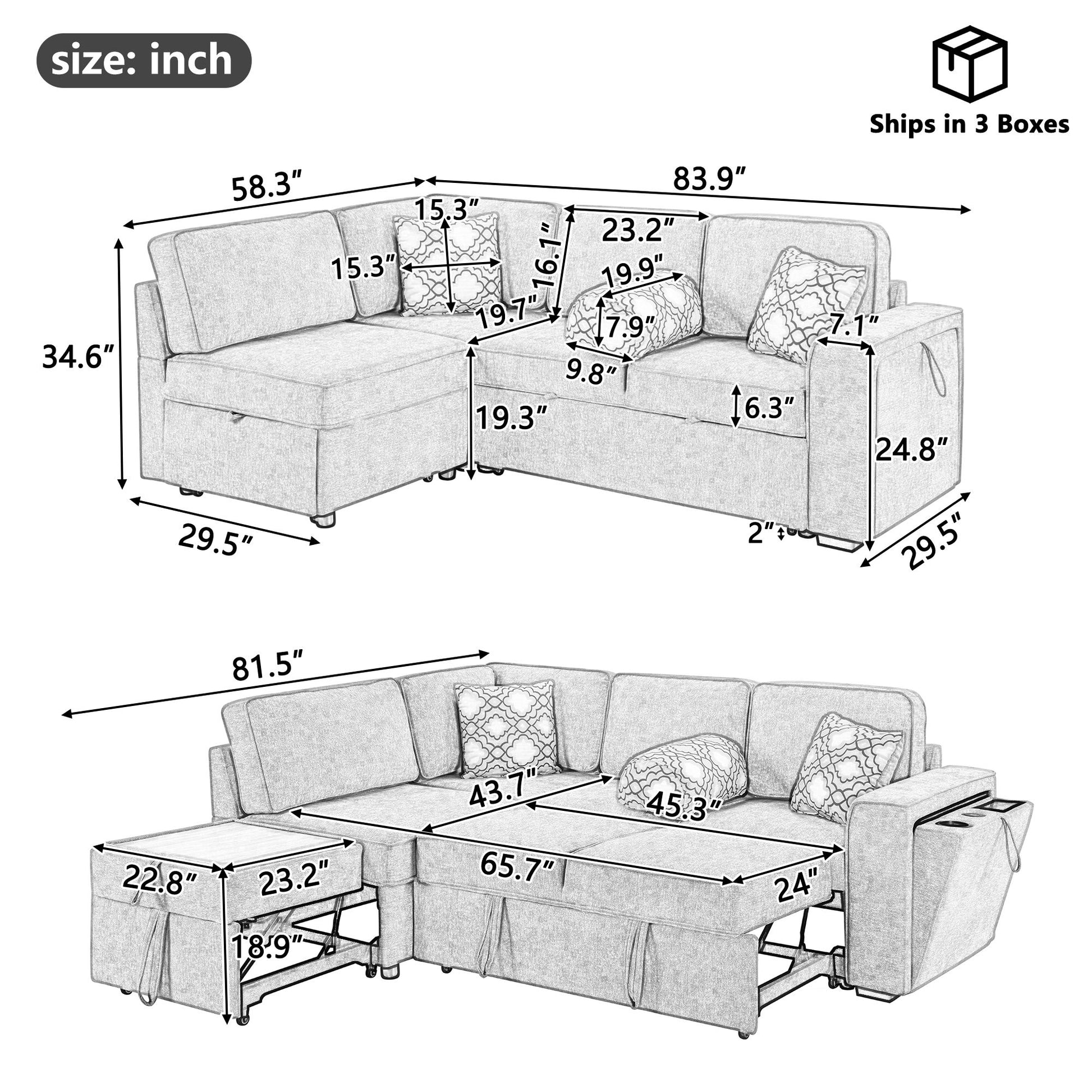 Convertible Sectional L-Shaped Sofa With Dual Pull-Out Sleepers, Flip-Top Table, USB Ports, Cup Holder & Storage - Best Buy Furniture
