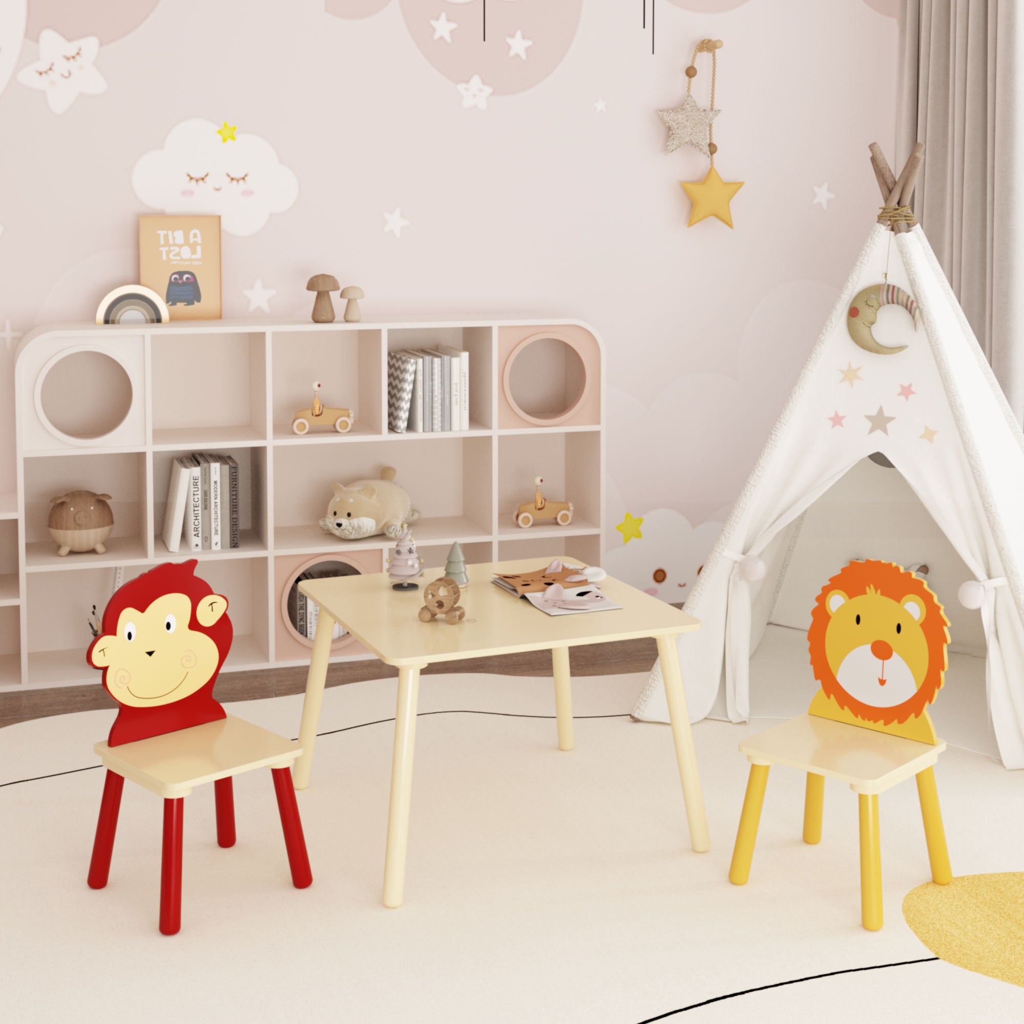 Kids Table And 2 Chairs Set, 3 Pieces Toddler Table And Chair Set, Wooden Activity Play Table Set (Lion&Monkey) - Natural