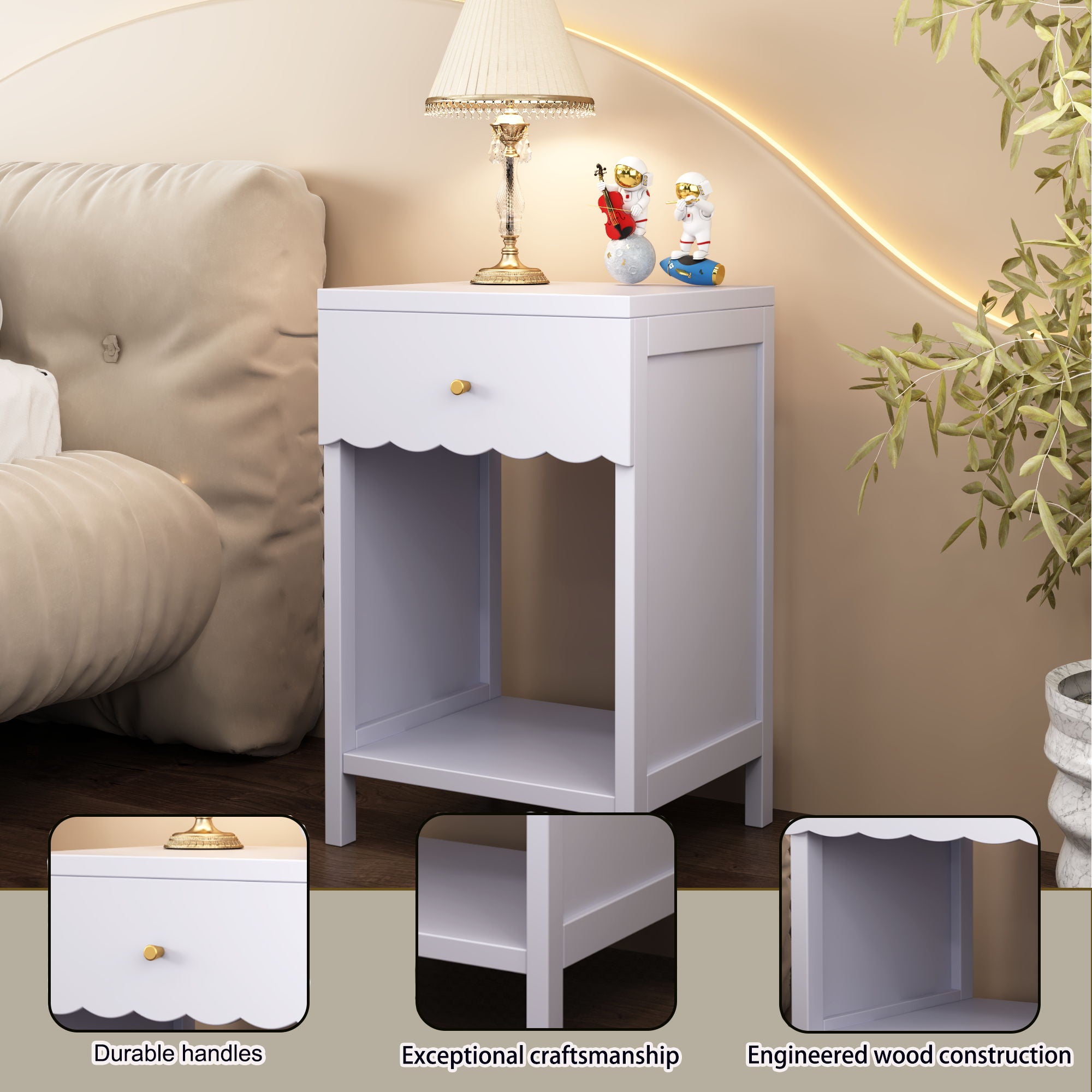 Nightstand With Drawer And Open Shelf, Scalloped Edge Bedside Table