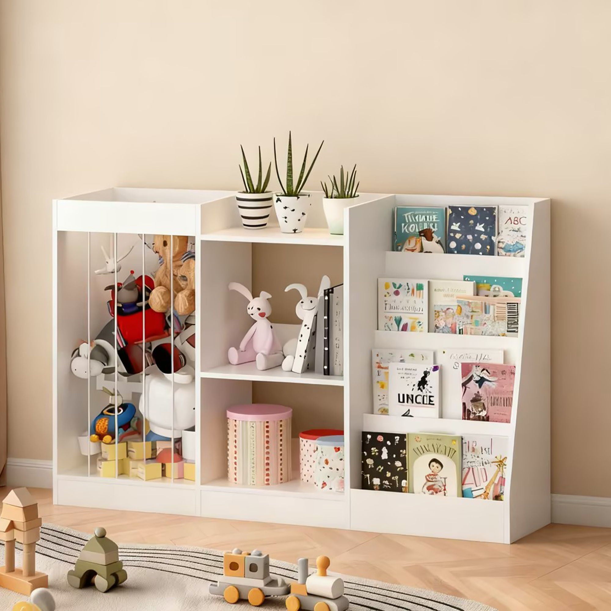 Bookshelf And Toy Storage, 3 Tier Montessori Bookcase With Stuffed Animal Organizer - White