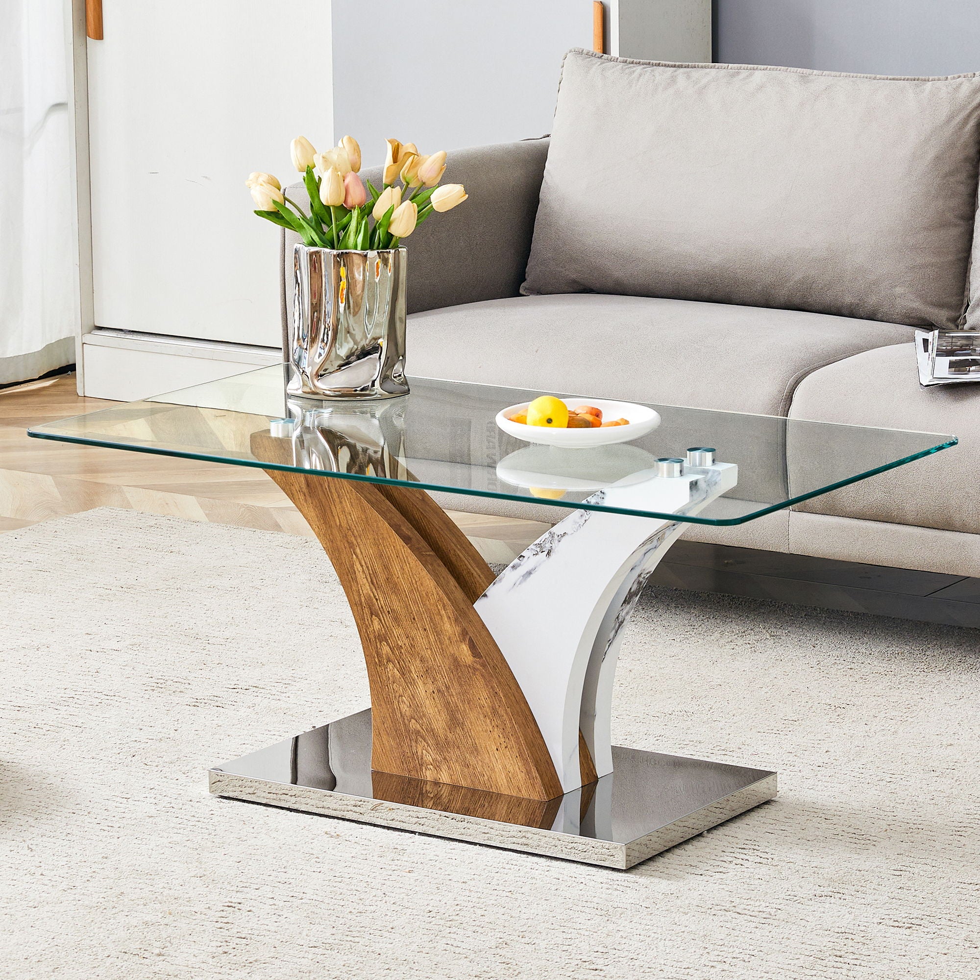 Artistic Rectangular Coffee Table With Tempered Glass Countertop