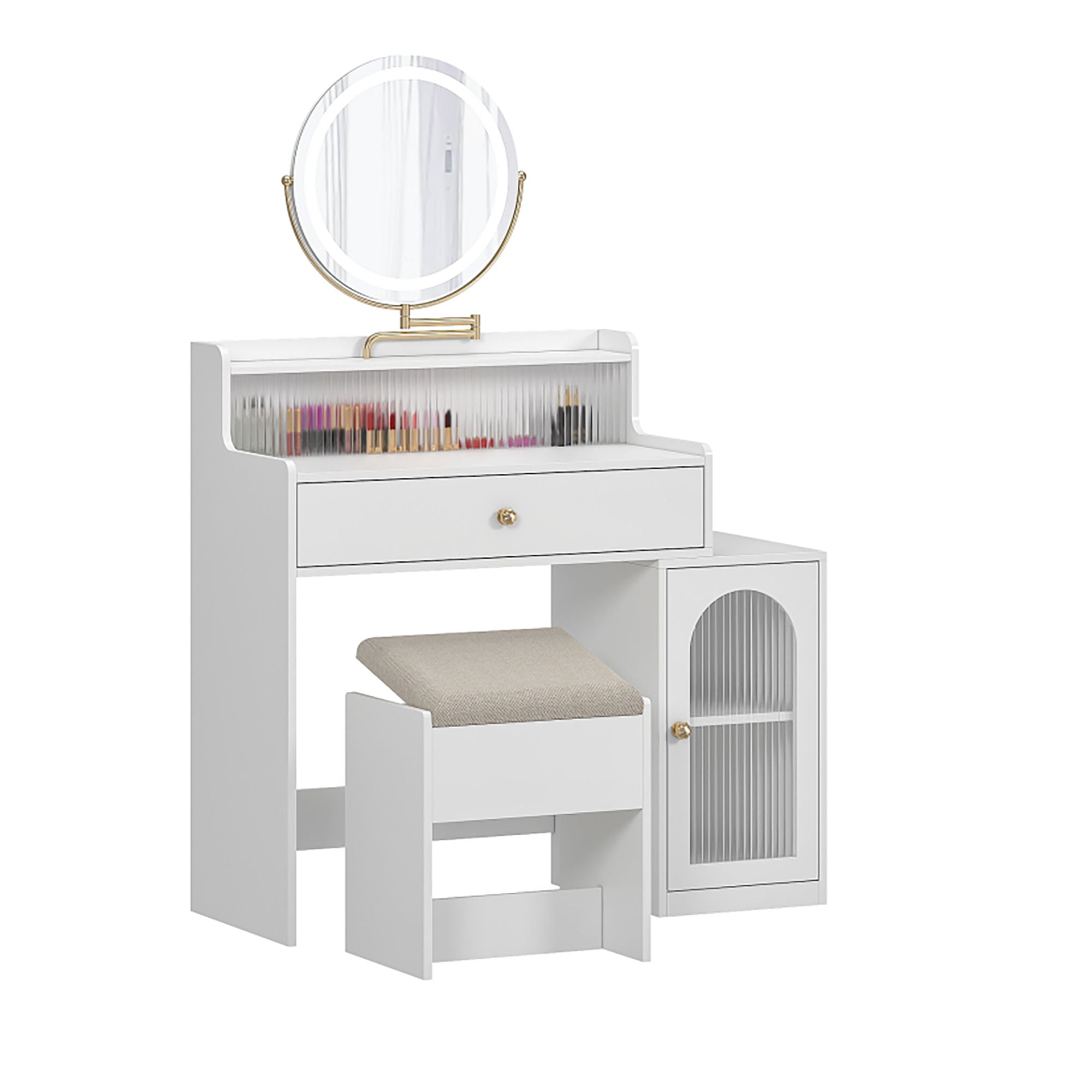 White Vanity Desk With 360° Rotated Mirror And Adjustable Lights, Girls Makeup Vanity Table With Storage Chair And Side Cabinet - Antique White