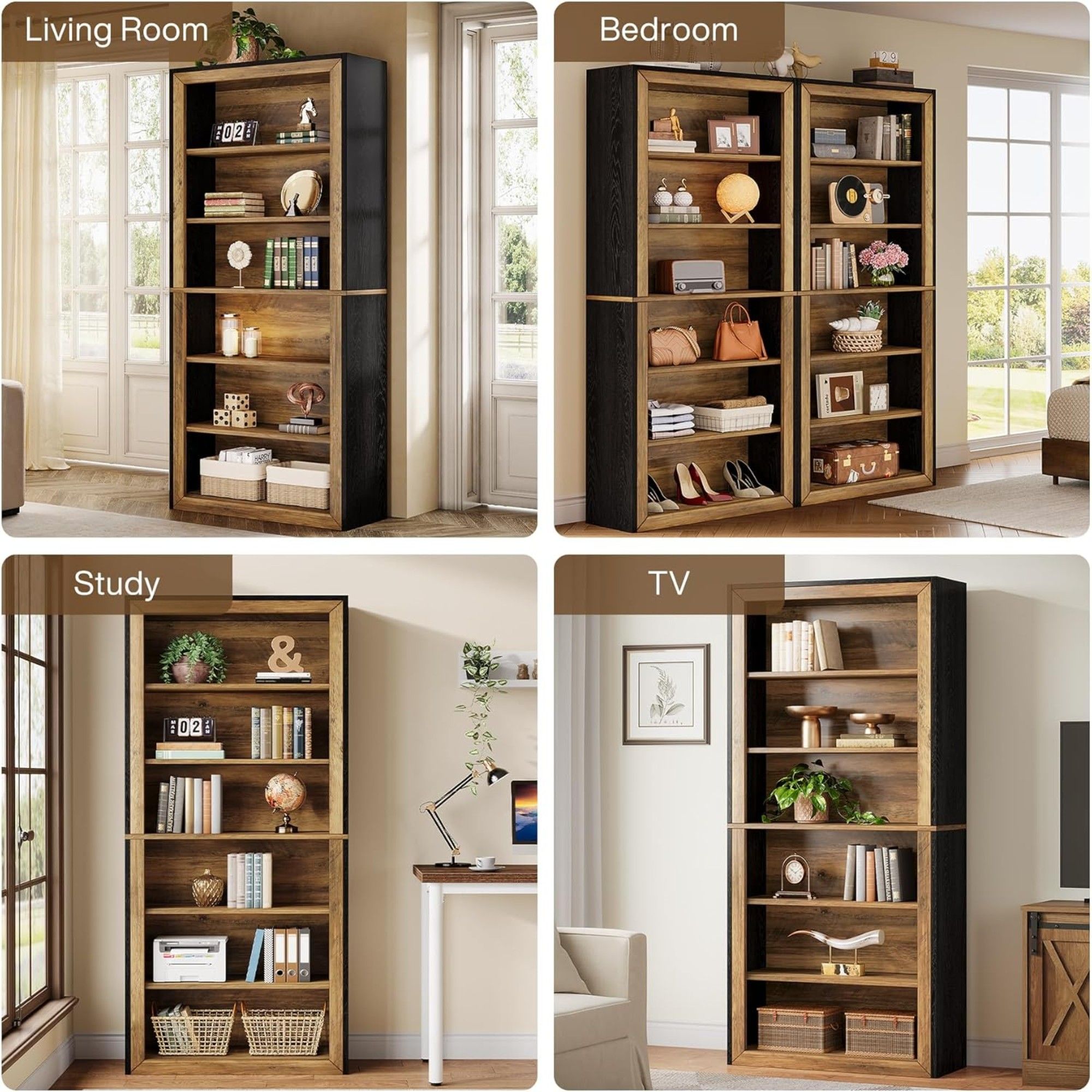 7 Tier Open Bookshelf Storage For Living Room - Black / Brown
