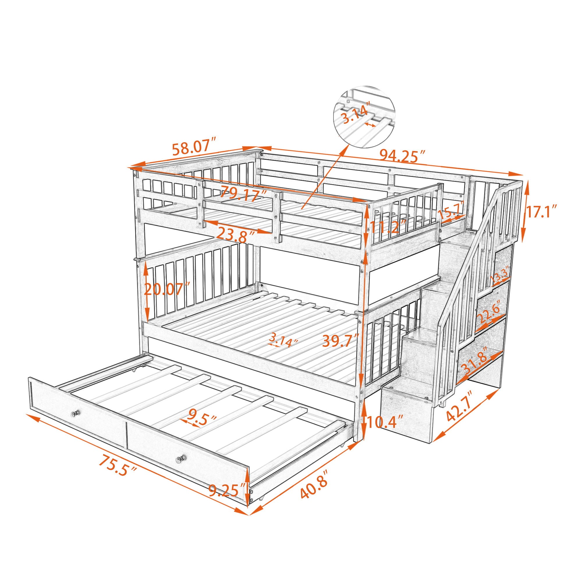 Stairway Bunk Bed With Storage And Guard Rail For Bedroom