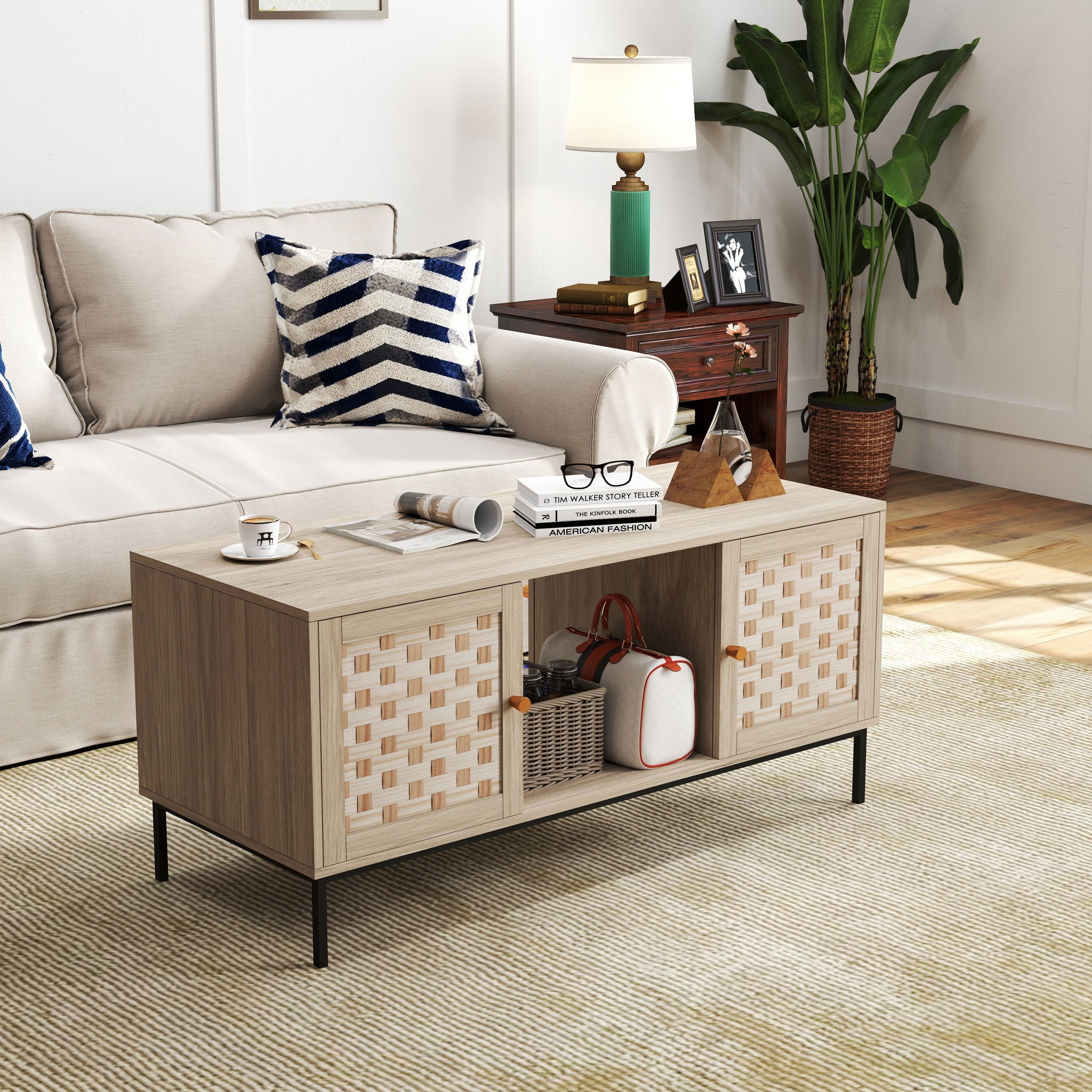 Elegant Veener Weaving Design Coffee Table With 4 Sliding Doors - Natural Wood