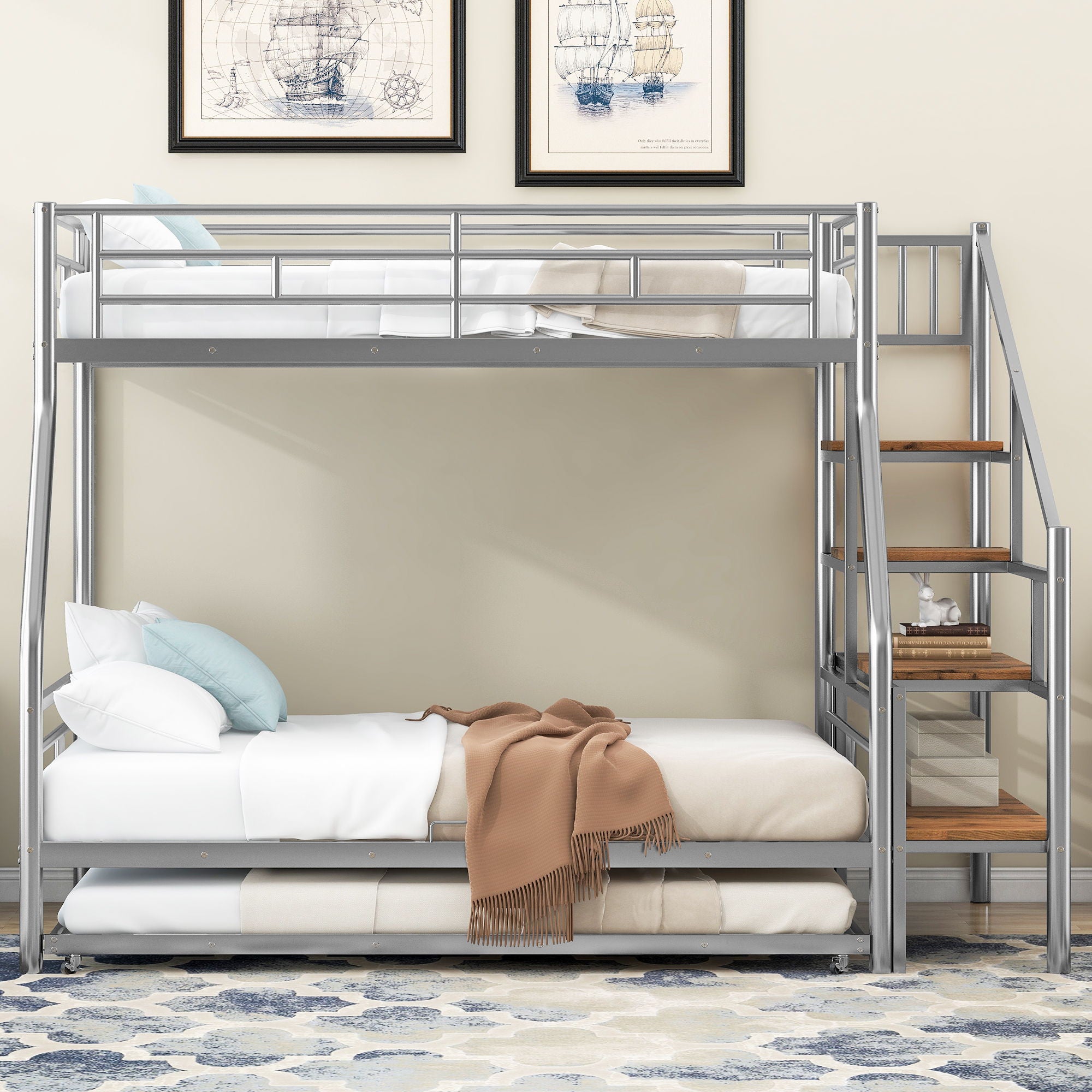 Metal Bunk Bed With Trundle And Storage Staircase