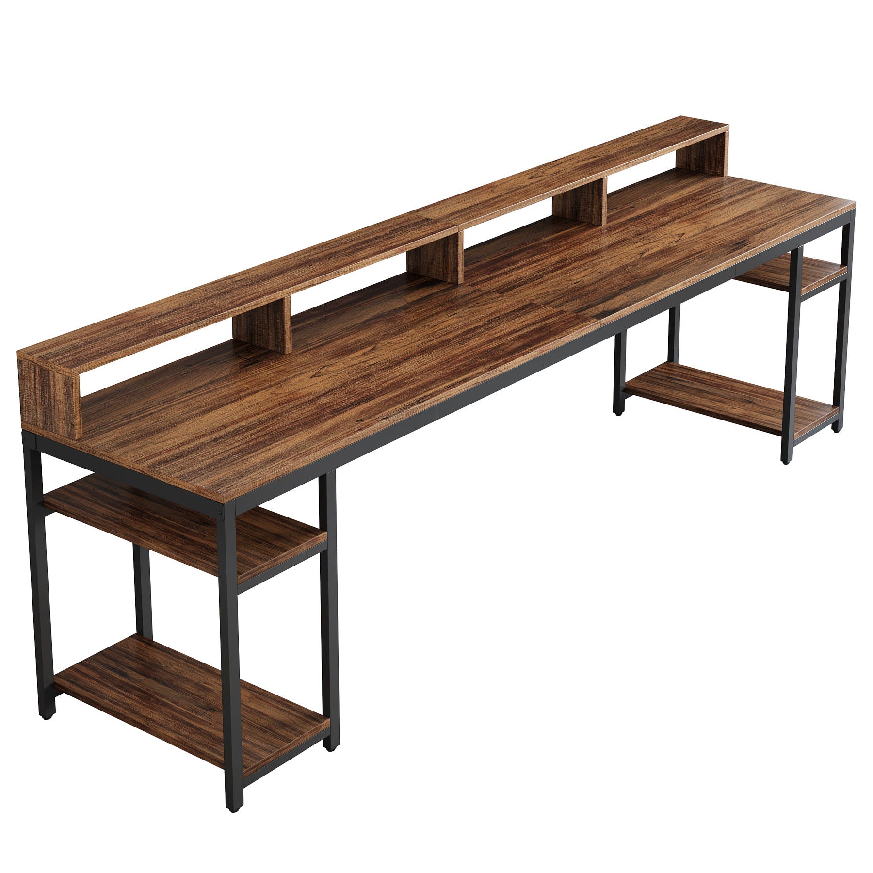 2 Person Desk With Monitor Stand, Long Office Workstation With Dual Storage Shelves And Frame - Brown / Black