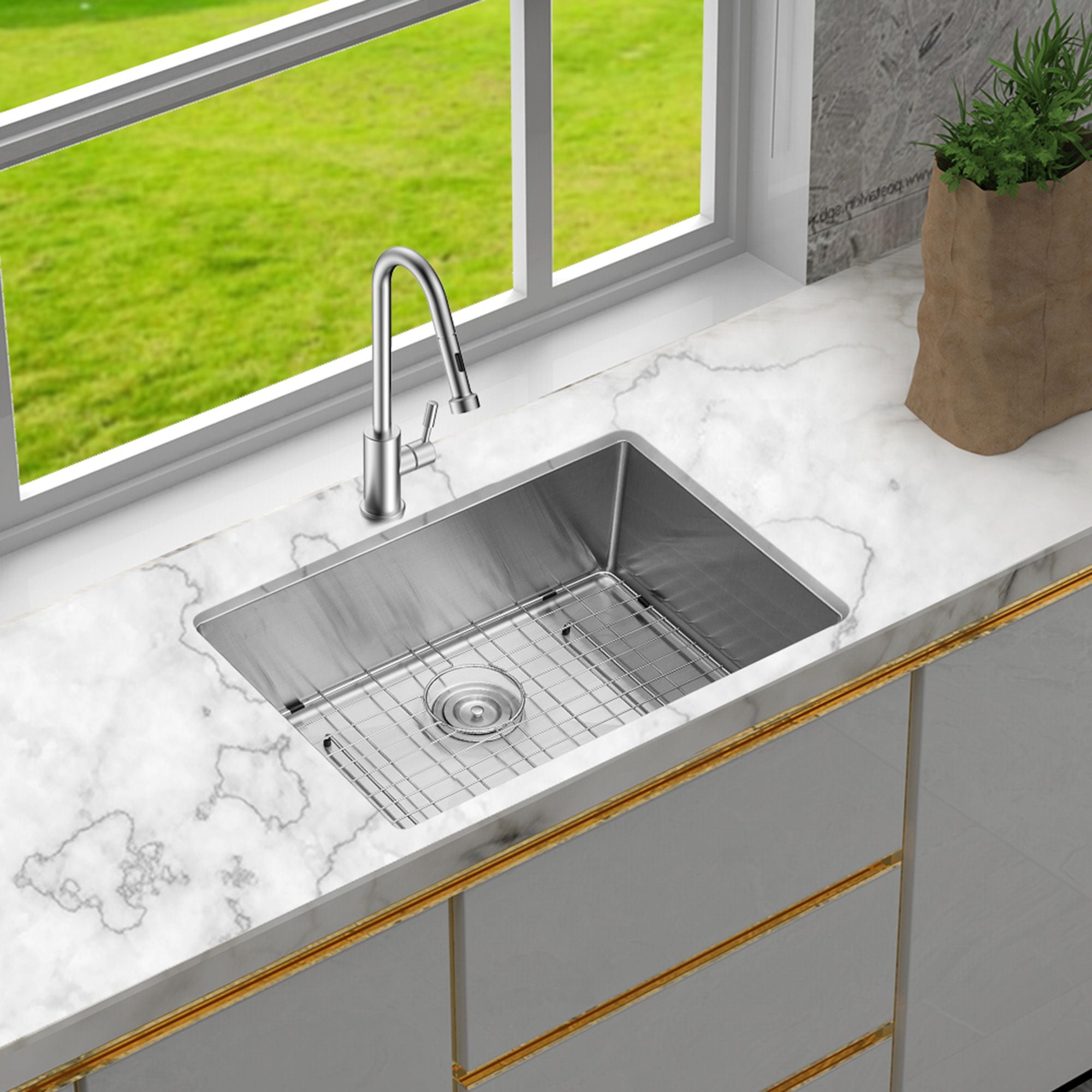 Modern Undermount Stainless Steel Kitchen Sink 16 Gauge, Deep Single Bowl