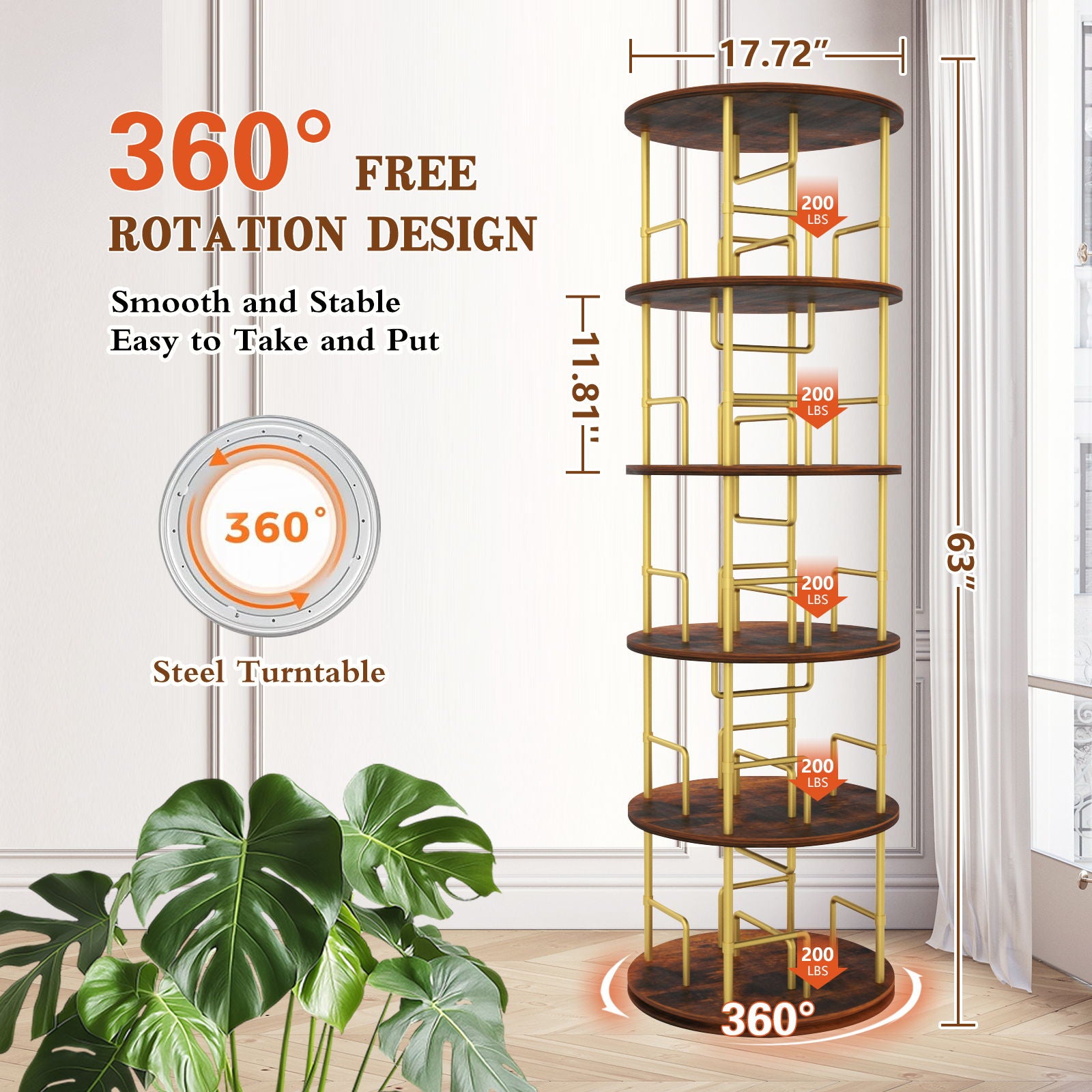 5 Tier 360 Rotating Bookshelf, Display Round Floor Standing Swivel Bookcase For Bedroom - Golden