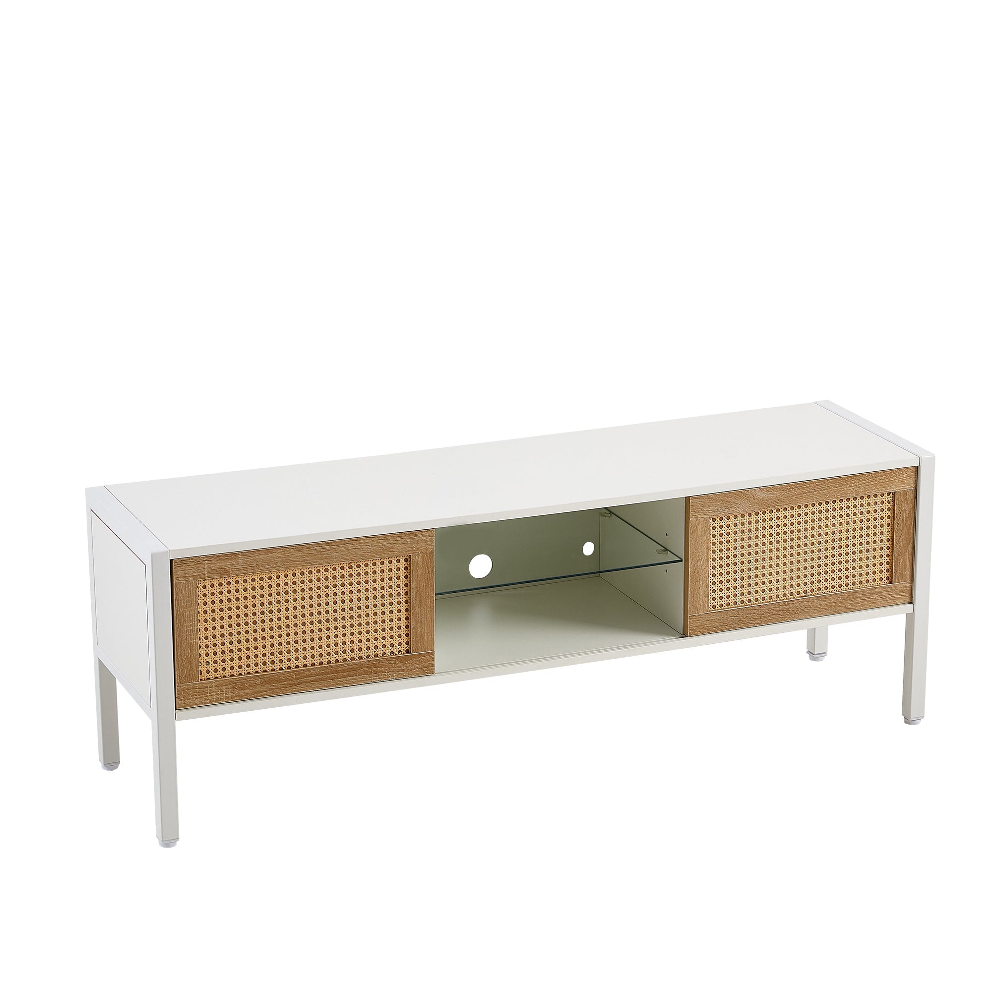 Modern Rattan TV Cabinet with Color Light Strip White, 54.33"