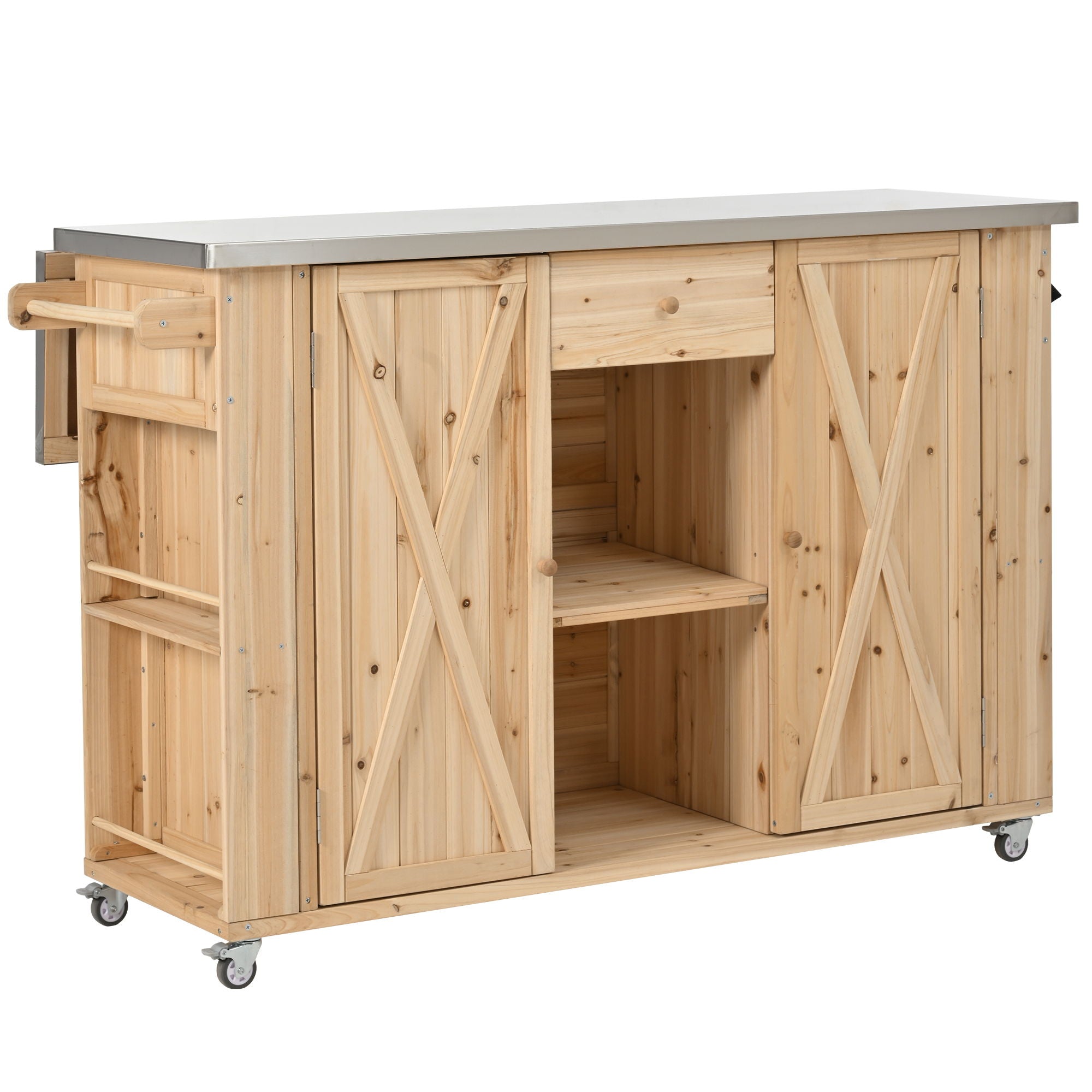 Outdoor Kitchen Island With Stainless Steel Top, Ample Storage Space, Towel And Spice Racks And A Bottle Opener