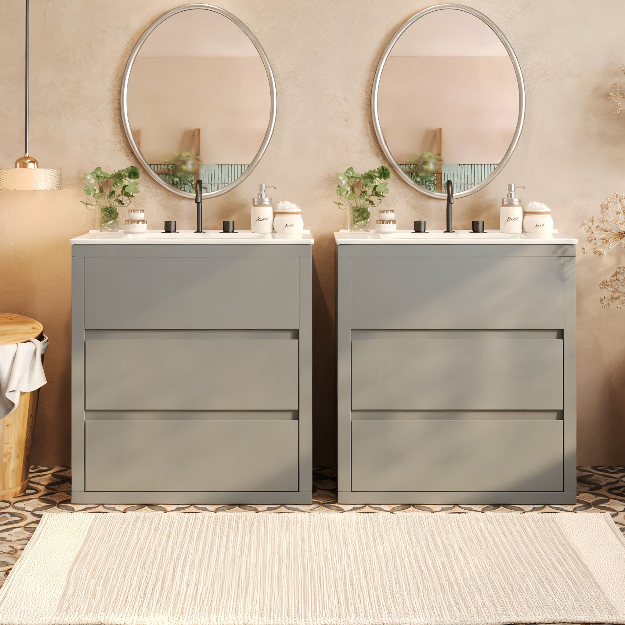 Double Sinks Bathroom Vanity Set With 2 Ceramic Basins
