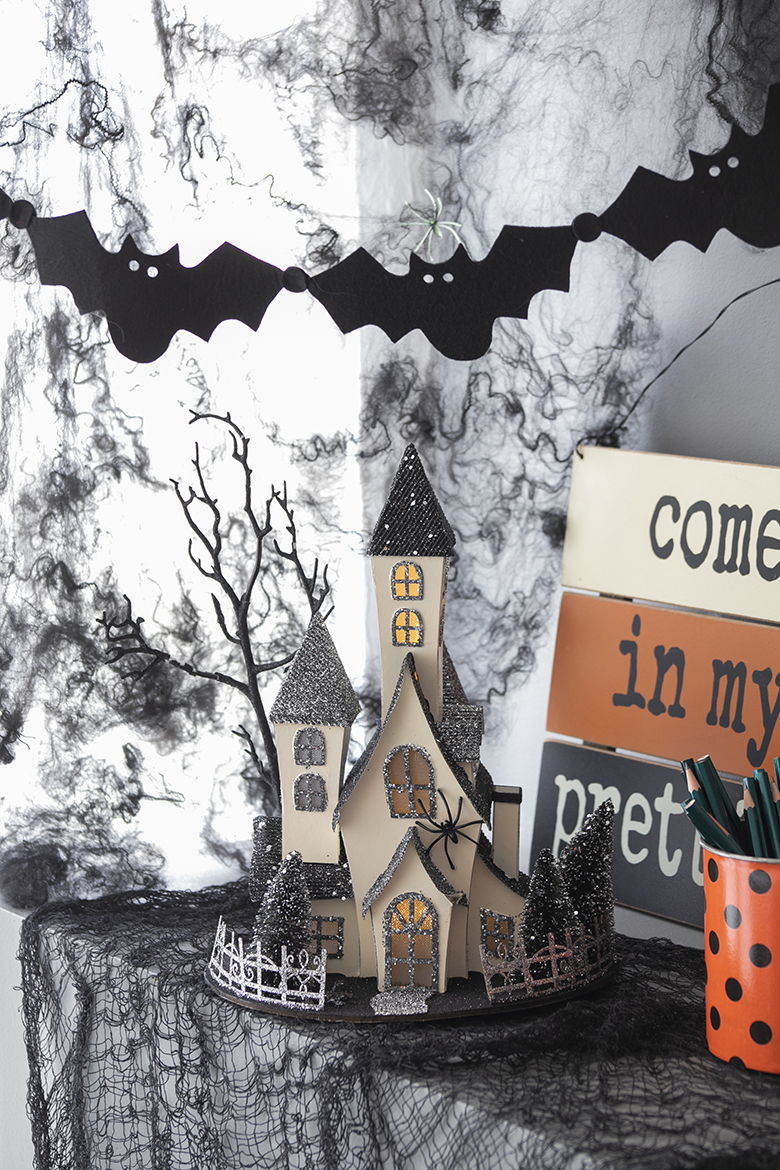 Cardboard Lighted Haunted House, Tabletop Holiday Halloween Decor, Battery Powered - Beige / Black