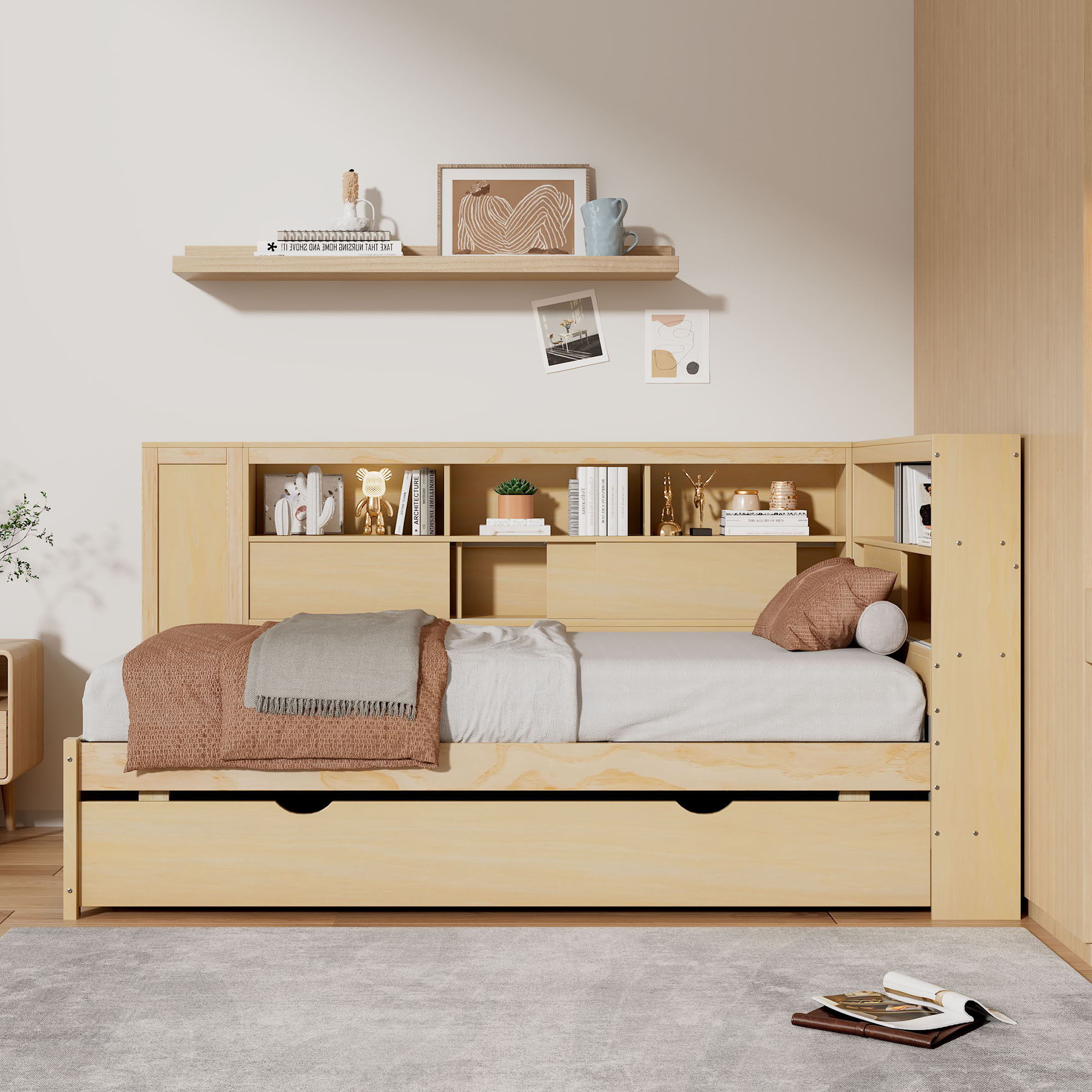 Daybed With Storage Shelves, USB Charging, And Trundle Bed
