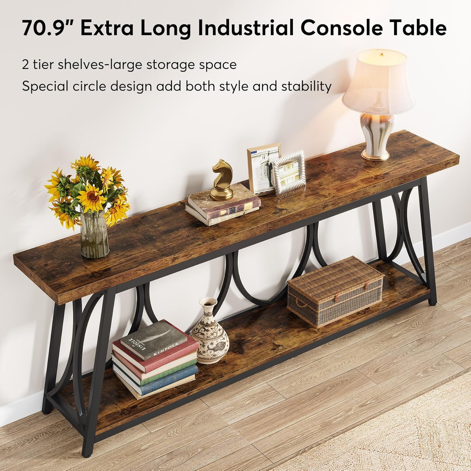 Extra Long Console Table With 2 Tier Storage Shelves For Living Entryway - Brown / Black