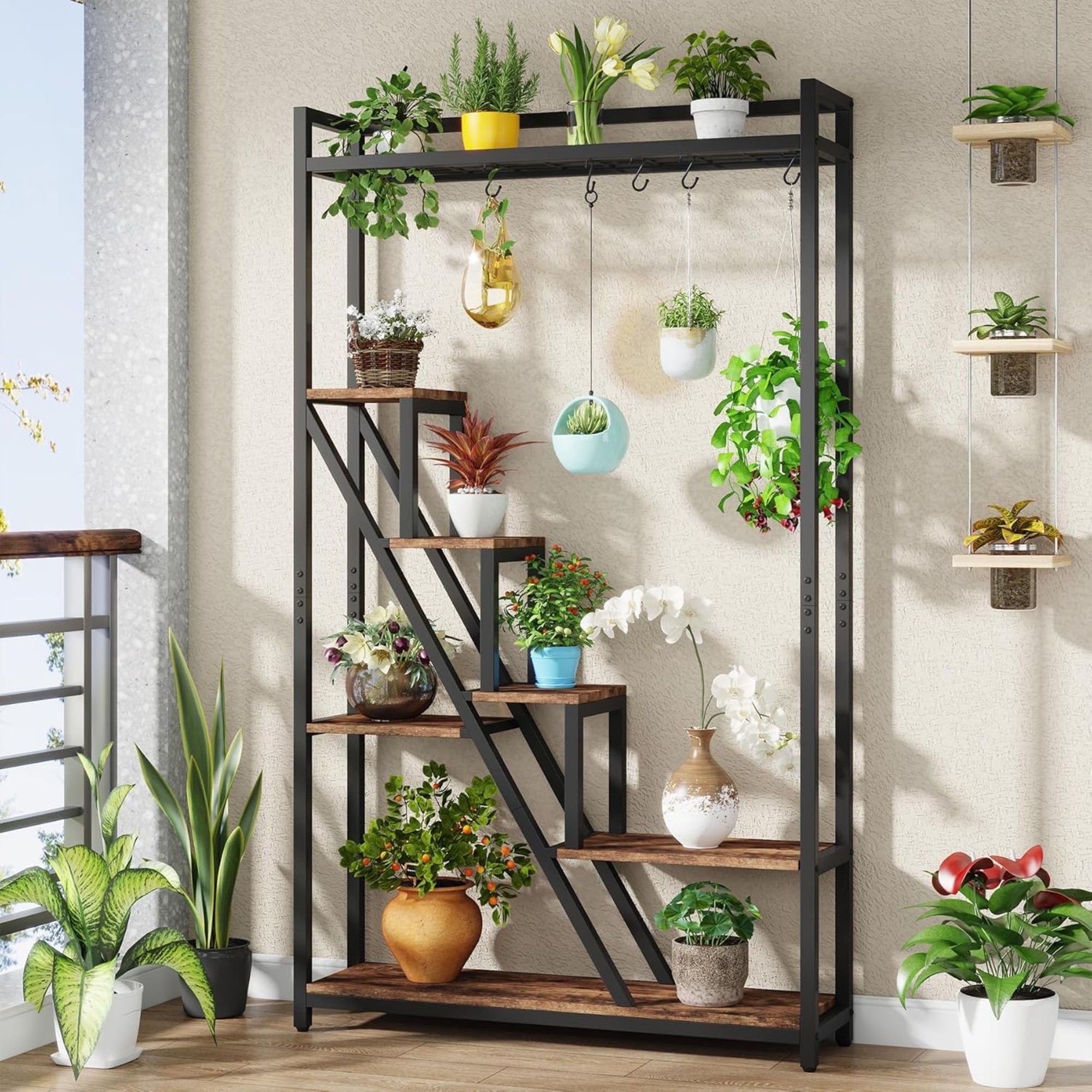 7 Tier Indoor Plant Stand With 5 S-Hooks - Brown / Black