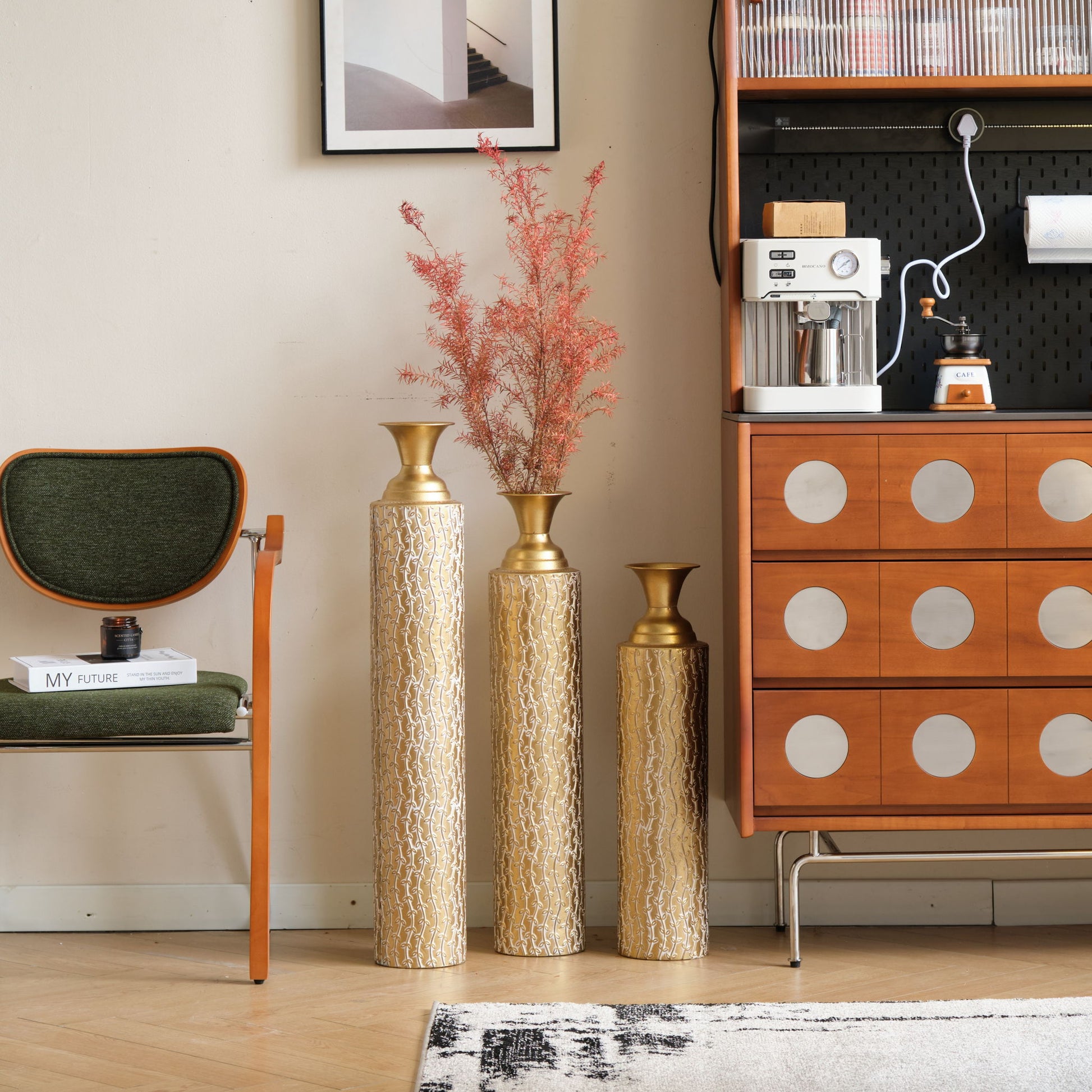 Metal Decorative Vases High Distress Metal Center Vases With Growing Vine Patterns, (Set of 3) Vases For Home Decoration - Gold - Best Buy Furniture