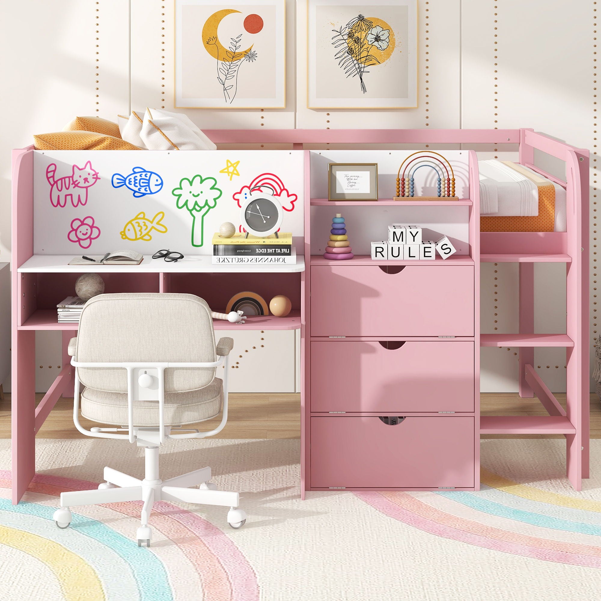 Low Loft Bed With Built In Desk, Storage Cabinets, Open Bookcase And Doodle Blackboard