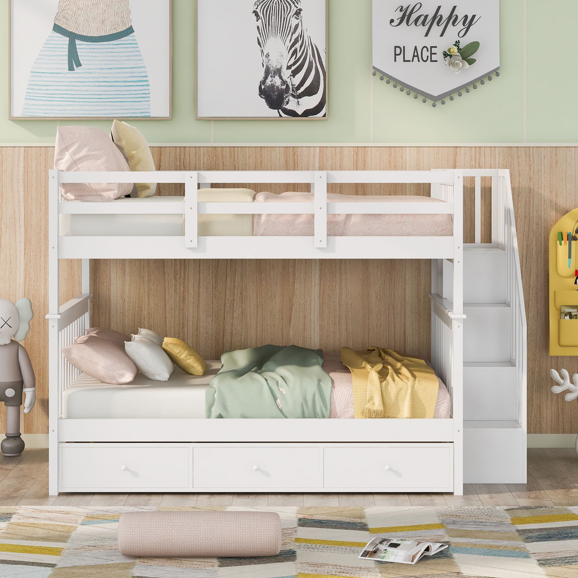 Stairway Bunk Bed With Storage And Guard Rail For Bedroom