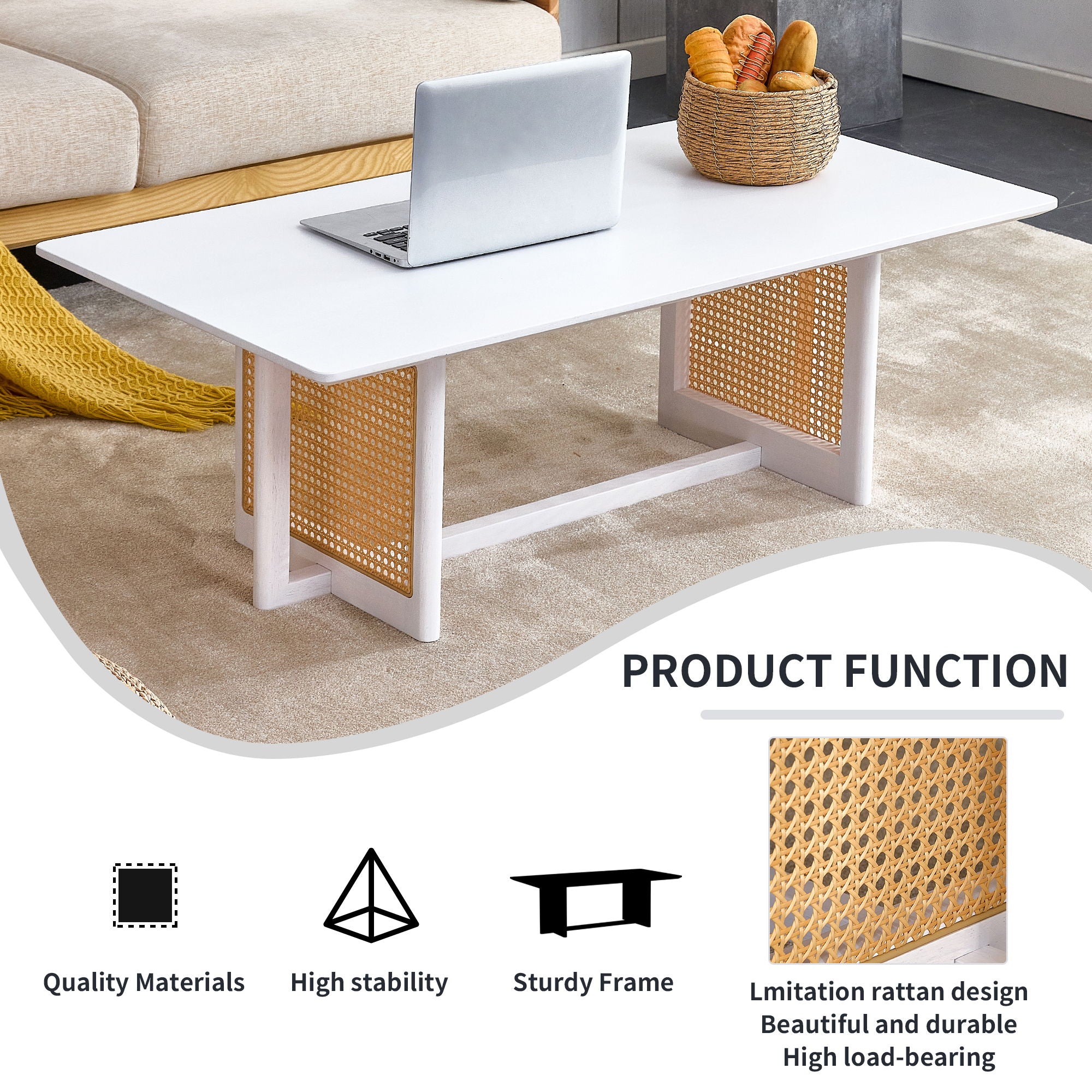 Chinese Style White Solid Wood And Imitation Rattan Coffee Table