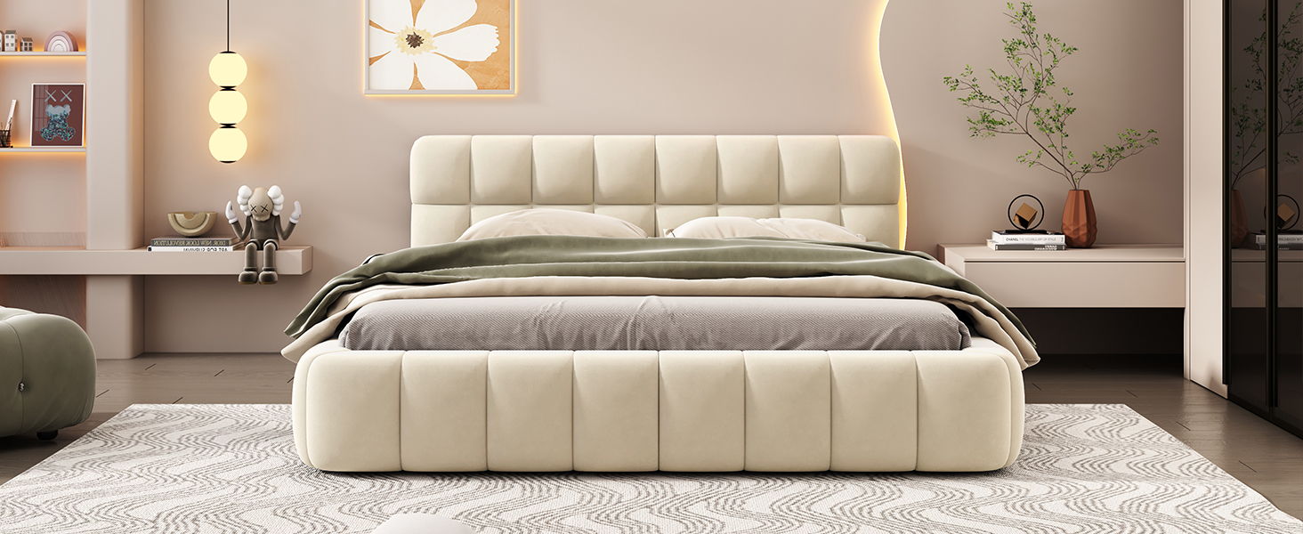 Upholstered Platform Bed With Thick, Grounded Bed With Solid Frame